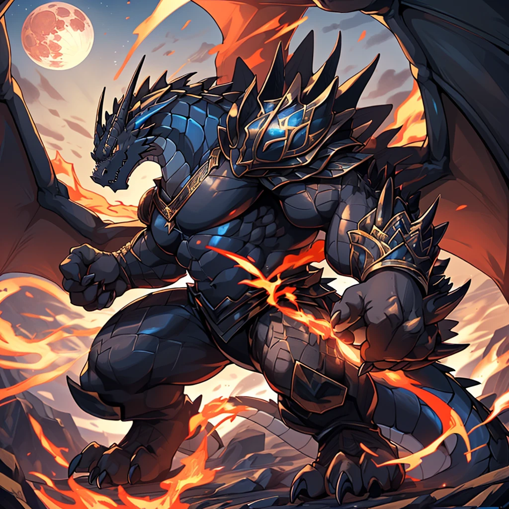(The violent and powerful Black Dragon King,Wearing modern black and gold armor:100),(Broad dragon body,majestic wingspan,Sharp dragon claws,thick dragon tail,The huge black dragon king,Huge dragon claws:2),Strong build,(blue dragon flame:2),blood moon,Mountull body picture,Very detailed,4K HD