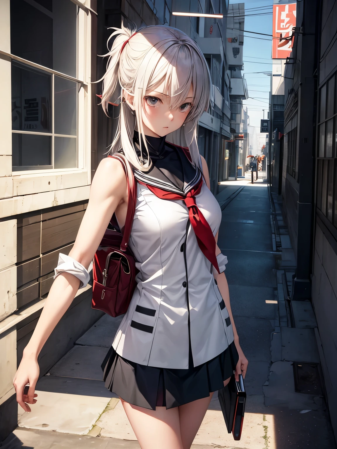 El Lissitzky, Haruko Tachiiri, Surreal, mysterious, strange, fantastical, fantasy, Sci-fi, Japanese anime, imaginary city on paper, walk of a beautiful high school girl in a miniskirt, perfect body, drawn in my head, detailed masterpiece