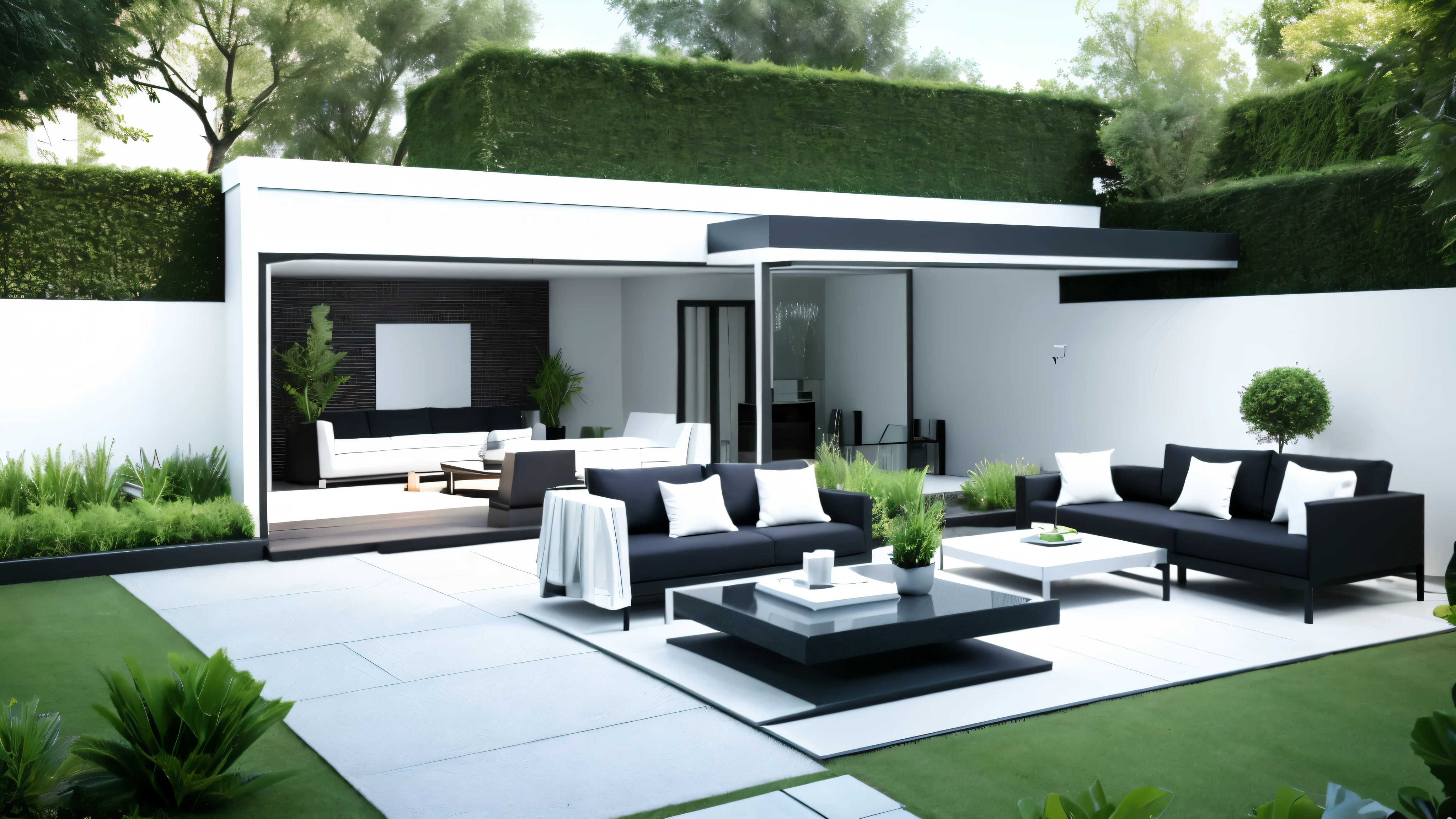 You are a famous interior designer、You have been asked to create a 3D image of a modern large room. Create a harmonious environment with modern and minimalist furniture. Including garden interior.