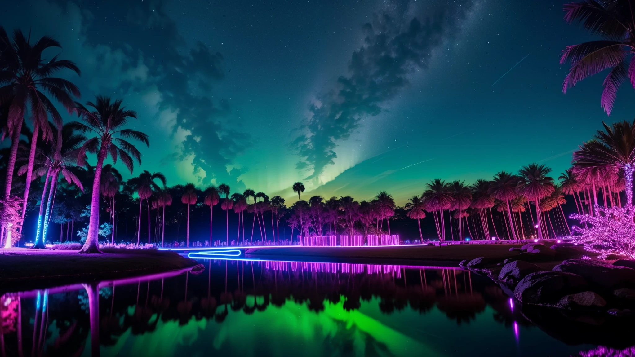 A big place with neon plants like alien style with tribe villages and with big trees in these trees their roots are kind of big neon and the trunk is kind of colorful, com rio passando com uma agua bem clara, When you look at the reflection of the water it gives neon lighting and the sky has colorful clouds (neon rave) neon lights super neon clarity, show wonderful lights wonderful night party