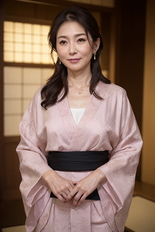 highest quality, High resolution, use, Skin definition, fine skin, fine eyes, detailed face, 4k, 日本人mature woman, ((alone)), (((40 years old))), (wrinkles around the eyes:1.5), (nasolabial folds:1.5), mature woman, sex appeal, sexy, Fair skin, ((long wavy hair)), looking at the viewer,(((my skin is old))), ((old muscles)), (((slender))), ((sagging chest)), (flaccid butt), ((japanese model)), 4k, (photoreality:1.5), reality, ticker, beautiful, slut, perfect makeup, eye make up:1.9, small diamond necklace, earrings, {traditional Japanese kimono、luxury kimono}, smile, Public place,full body photo,