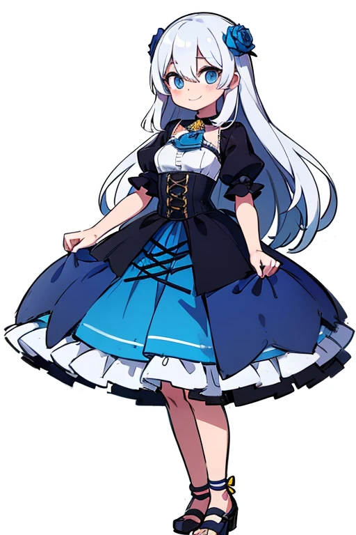 high quality,(1 girl),Little,cute type,smile,whole body,white background, very long hair,wavy hair,hair between eyes,coarse hair,Silky hair,((white hair)), blue eyes,((Blue rose hair ornament)),(Black collar),Boat neck,small breasts,black short sleeve lantern sleeve,((Navy blue short tie)),(black underbust corset with yellow laces),White Petticoat,navy blue overskirt,middle length