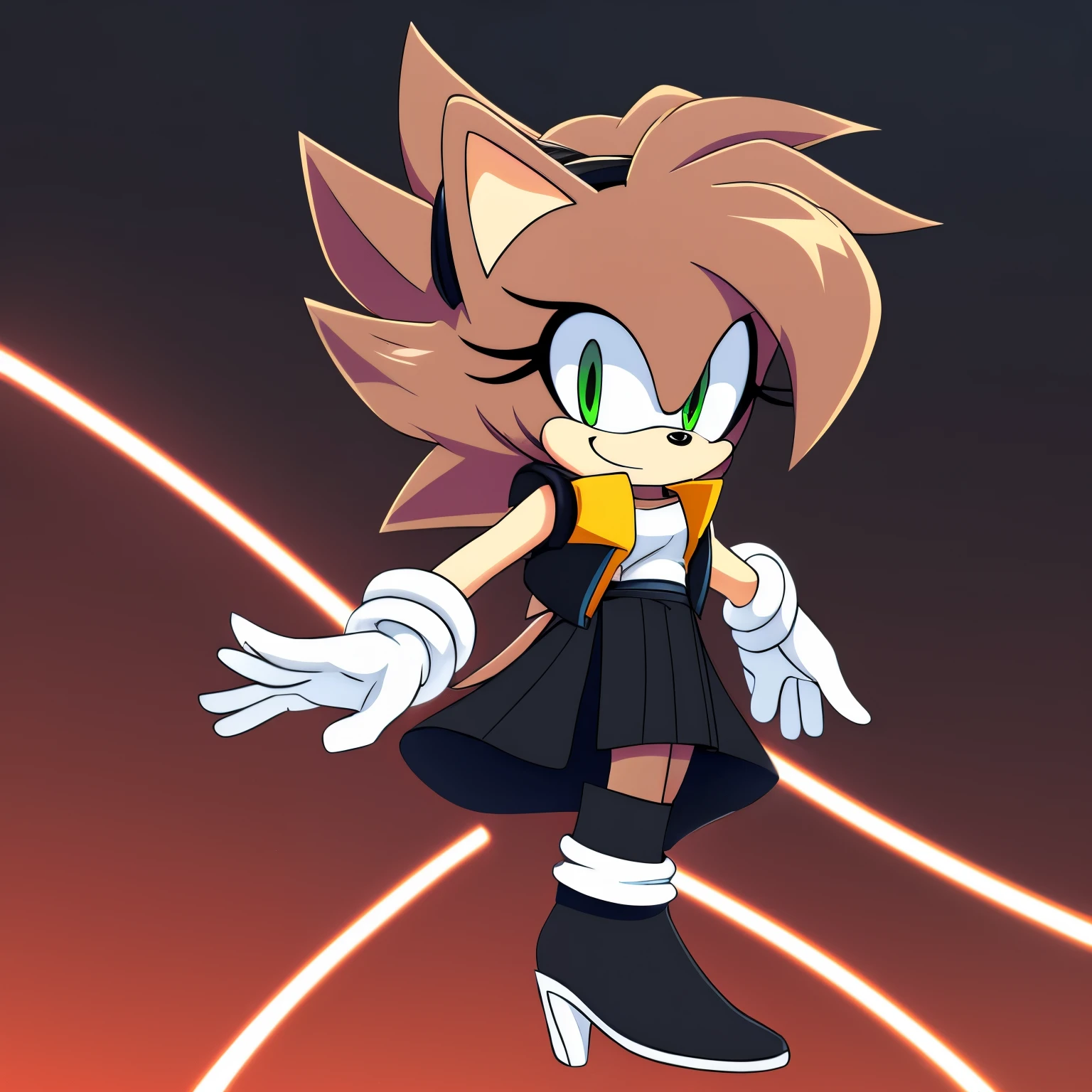 Female, Mobian, one hand on hip, (((2D Anime Style))), (solo), (1girl), high quality digital art, red and black neon lines sketch art, black cloudy background, a brown furred female anthropomorphic hedgehog from Sonic the hedgehog who has green eyes, smiling, long lower back length hair, hair bangs, (black dress), (knee high high heeled boots with Sonic styled white straps), white gloves, ((metamoran fusion Vest)), (gray and yellow vest), (Bulchi or Gogeta vest), wispy lines, smoky