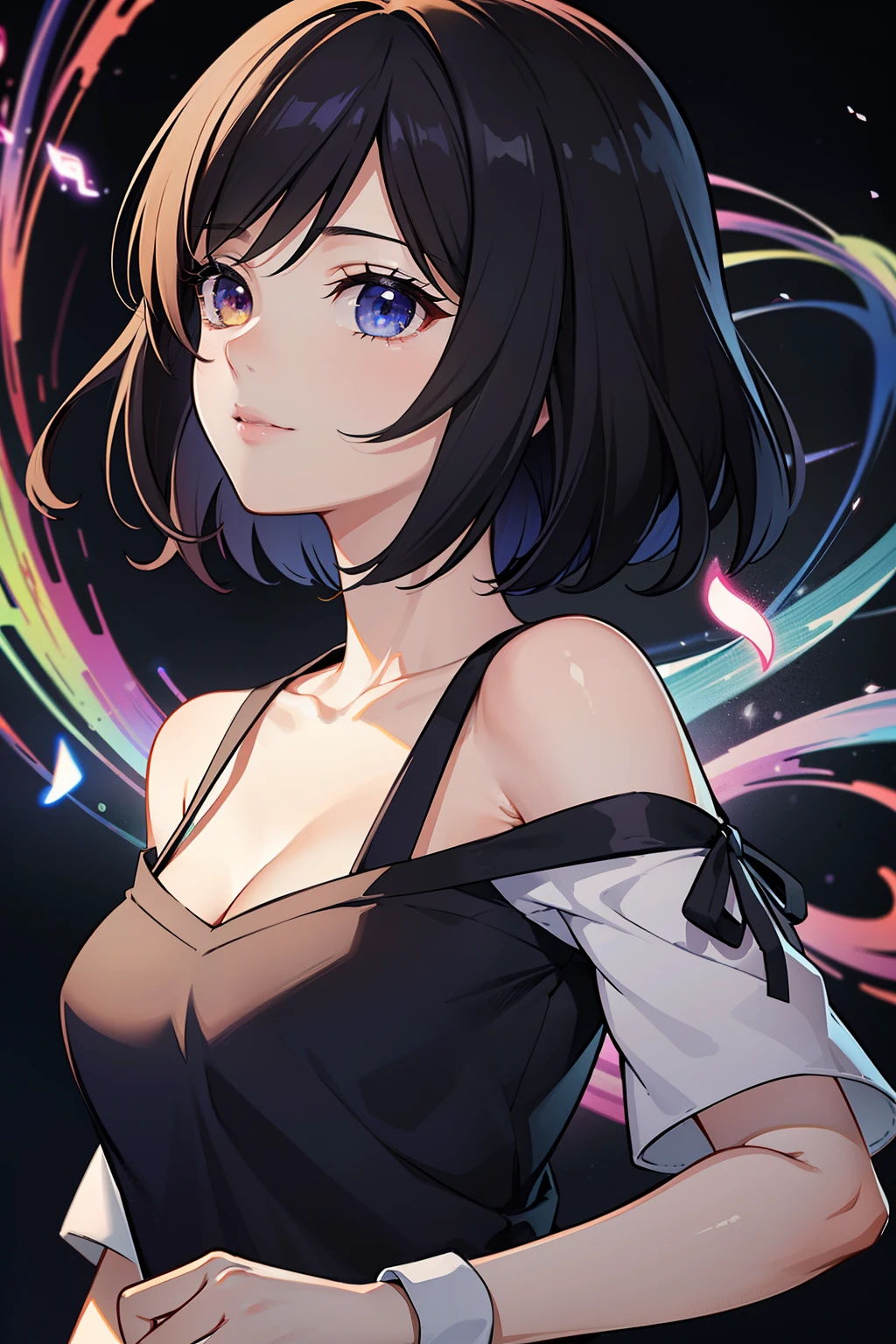 (high-quality, breathtaking),(expressive eyes, perfect face) 1female, girl , solo, teenager, asian woman hairstyle, short hair length, soft wave, black hair color, Heterochromia left eye blue and right eye purple, black and white clothes, blue and purple background, music, gentle smile, swirls in background, music notes background, beautiful background, clothes similar to Yuri Kozukata Fatal Frame
