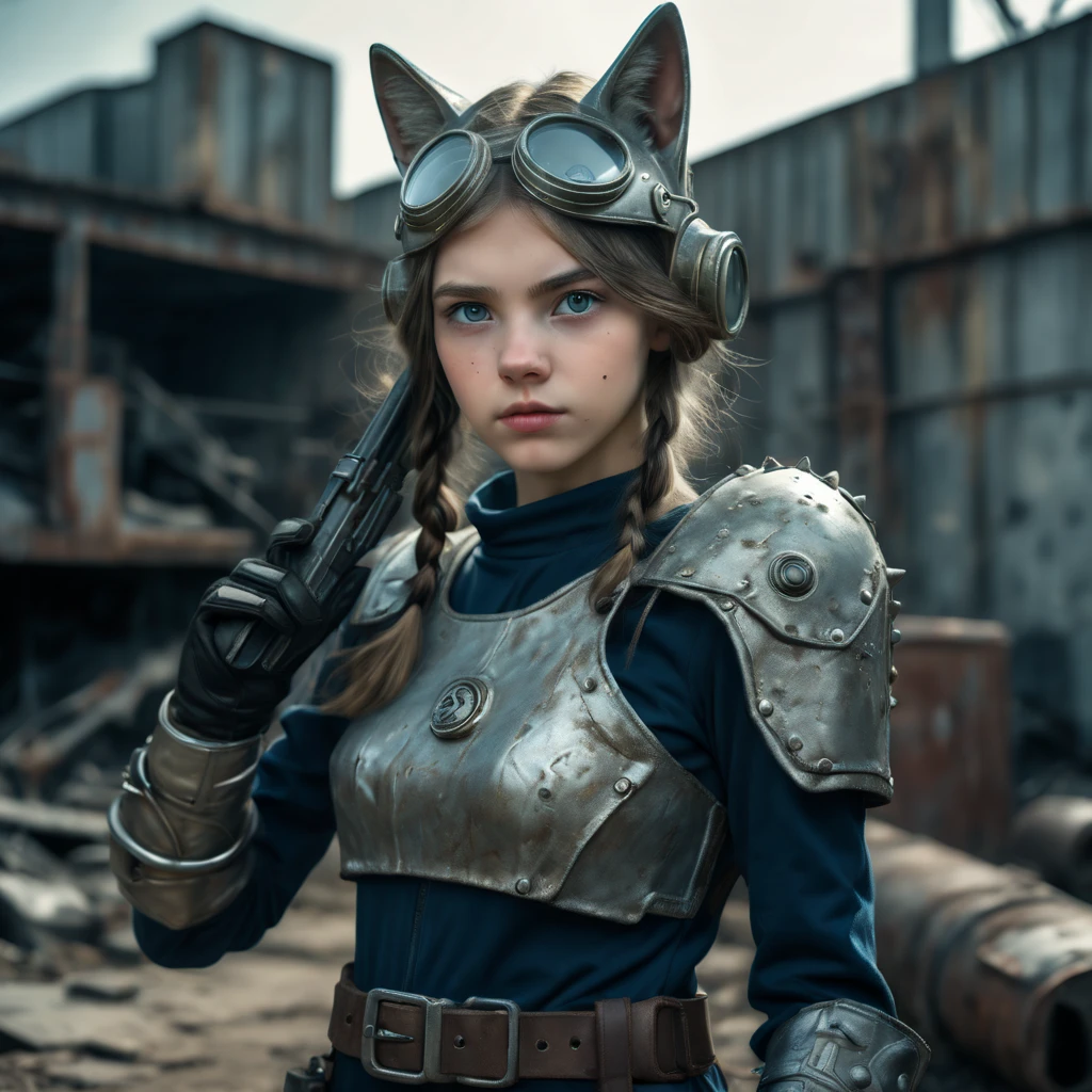 White girl, ((Anglo-Saxon)) ,wearing (vaultsuit with pipboy3000 on wrist) standing in a rundown rusty post apocalyptic steel bunker, holding a weapon in her right hand, giant fallout monster in background, professionally color graded, professional photography, well drawn, masterpiece, hyper realistic, ultra detailed, high quality, best quality, 4k, 8k, raw, detailed and realistic eyes, ite, 13 ) ((wearing long leather gloves cover all her fingers)), , wearing cats ears, highly detailed, vibrant,8k Ultra HD