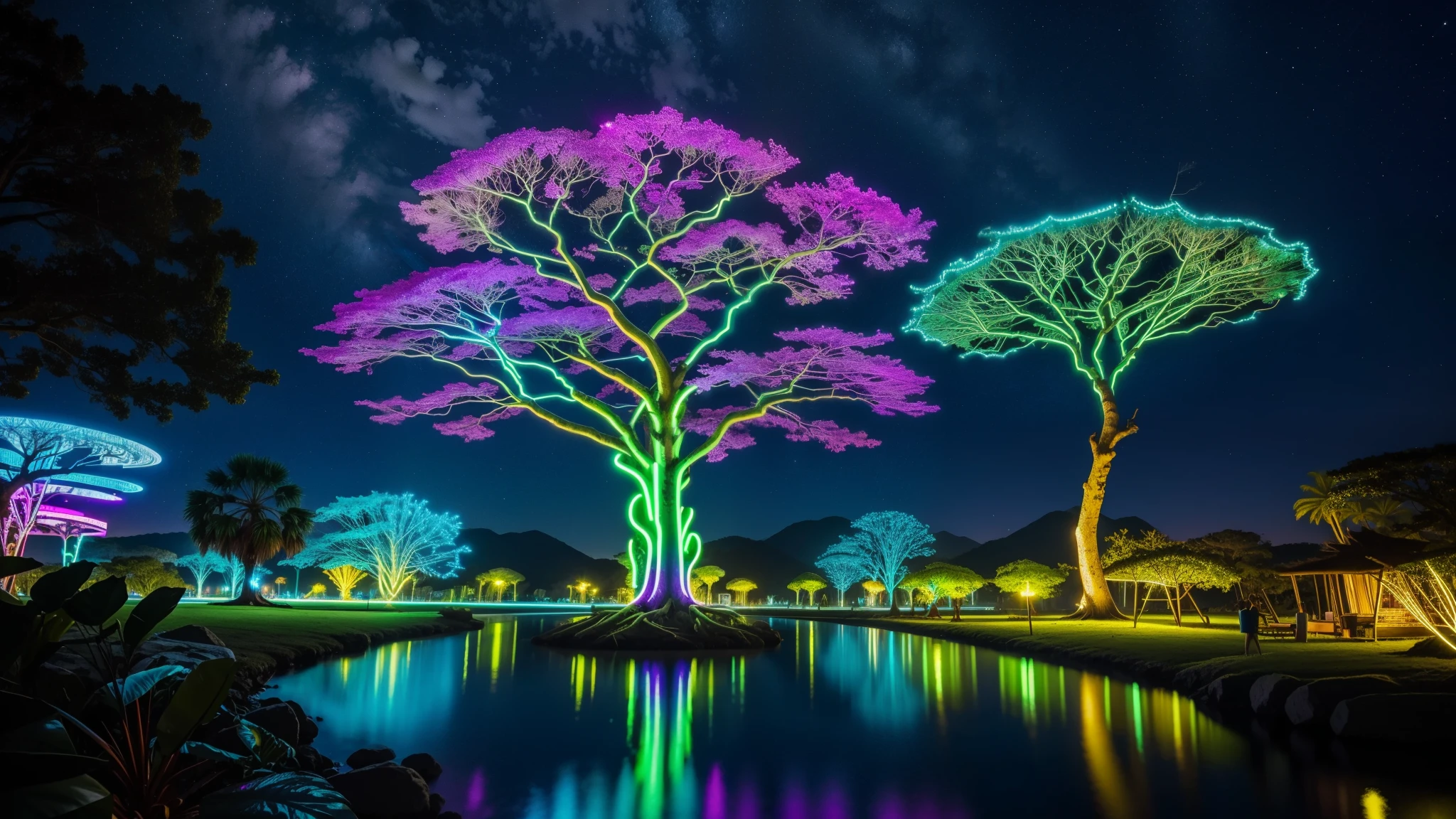 A big place with neon plants like alien style with tribe villages and with big trees in these trees their roots are kind of big neon and the trunk is kind of colorful, com rio passando com uma agua bem clara, When you look at the reflection of the water it gives neon lighting and the sky has colorful clouds (neon rave) neon lights super neon clarity, show wonderful lights wonderful night party  multcolor lights animal