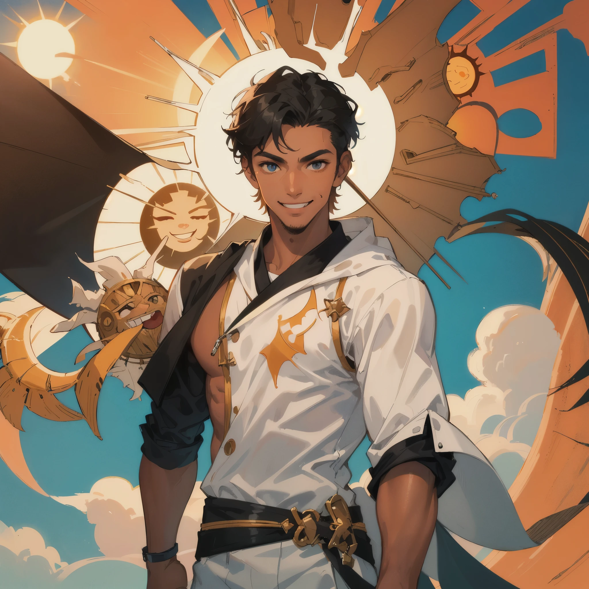 cheerful young man, (sun-tanned skin:1.5), bright smile, youthful, passionate eyes, animated painting, 8K, master piece, best quality