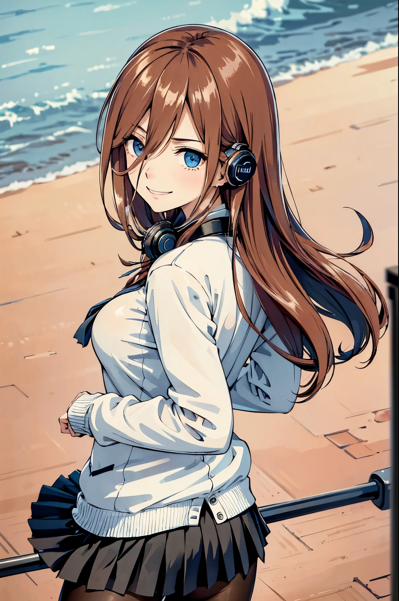 (masterpiece), best quality, expressive eyes, perfect face, highres, 1 girl, solo, miku nakano, long hair, bangs, blue eyes, brown hair, shirt, hair between eyes, headphones, cardigan, headphones around neck, skirt, shirt, long sleeves, white shirt, pantyhose, pleated skirt, black pantyhose, cardigan, green skirt, blue cardigan, outdoor, schoolyard, smiling, standing, from behind, butt, big butt, upper body portrait
