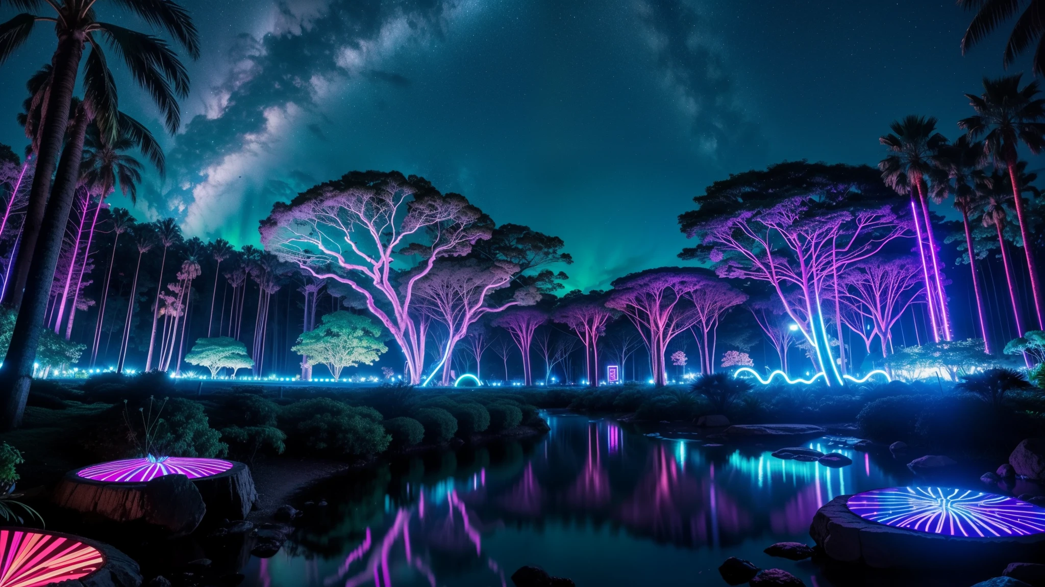 A big place with neon plants like alien style with tribe villages and with big trees in these trees their roots are kind of big neon and the trunk is kind of colorful, com rio passando com uma agua bem clara, When you look at the reflection of the water it gives neon lighting and the sky has colorful clouds (neon rave) neon lights super neon clarity, show wonderful lights wonderful night party multcolor lights animal