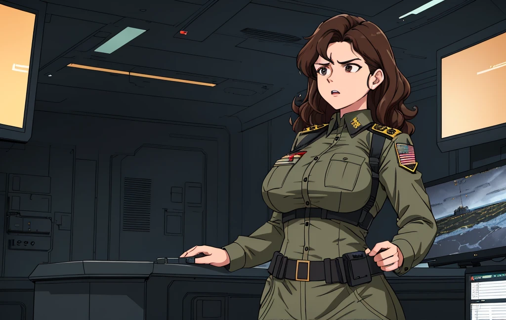 A mature woman with medium curly brown hair , perfect face, expressive black eyes, stands in the center of a control room, her anger apparent as she sternly gives orders. She commands attention in her military uniform, which is all buttoned up, emphasizing her authoritative presence. The room is filled with the hum of machinery and the glow of monitors, creating a tense atmosphere. Despite the serious setting, her captivating figure, with a curvaceous 36DD cup size, adds a touch of femininity amidst the strict military environment. (sketchy artstyle:1.3), (muted colors:1.2), simplified shading, (saturated hues:1.2), (detailed background scenery:1.4), (inside:1.3)