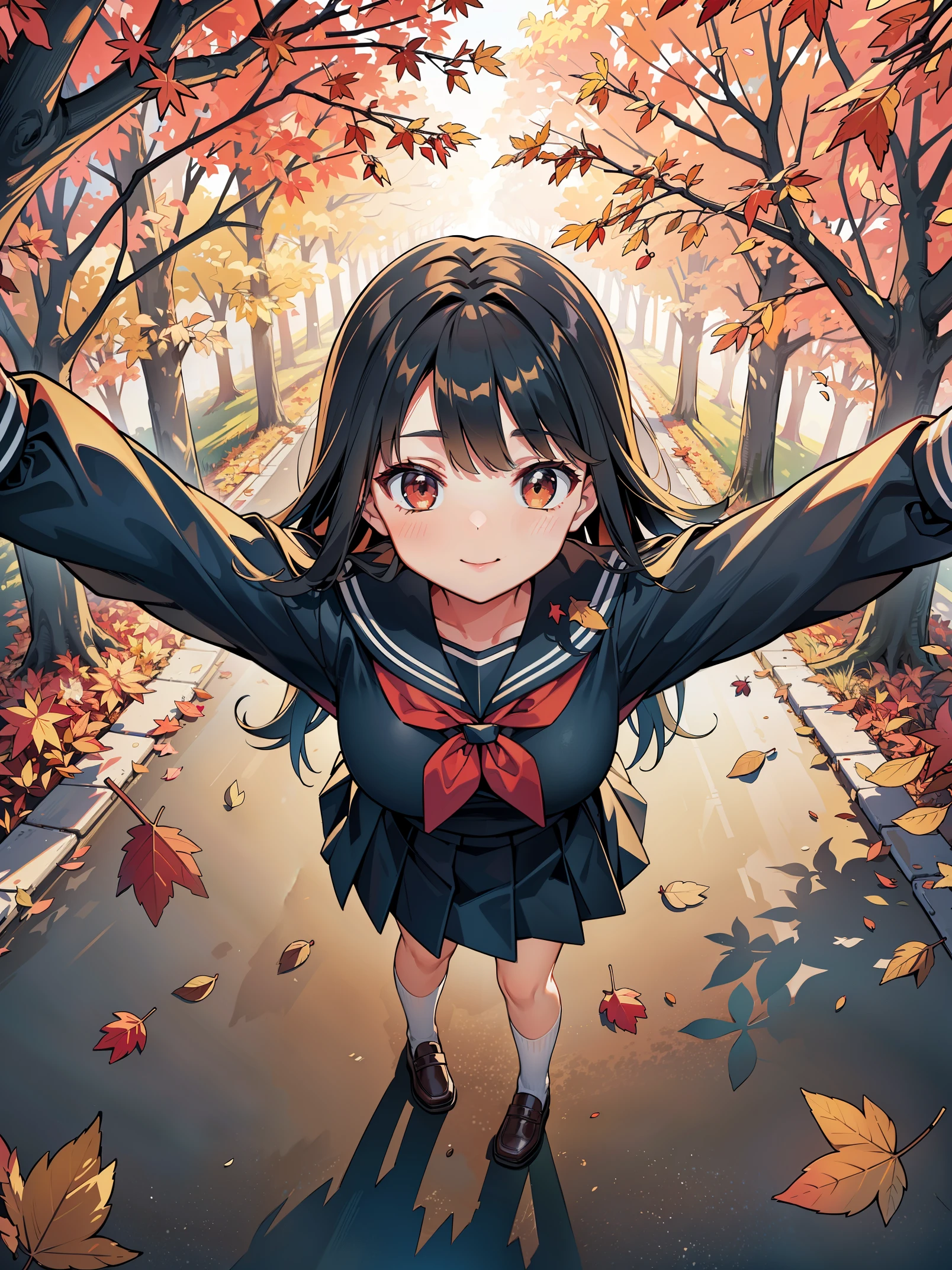 (8K, Live shooting, best quality, muste piece: 1.2), High-definition RAW color photo, Professional photography, cinematic light, ((1 girl)), posture of looking up, full face cheek, smile, Open your arms, spinning pose, The hem of the skirt widens, ((school uniform, sailor suit)), autumn leaves scenery, clear sky, ((falling leaves, leaves dyed red)), tree-lined avenue, Carpet of fallen leaves, full body shot, telephoto zoom, Trees with autumn leaves々, ((Composition viewed from above, posture of looking up)), soft lighting, high quality, professional lighting, photon mapping, Physically based rendering,