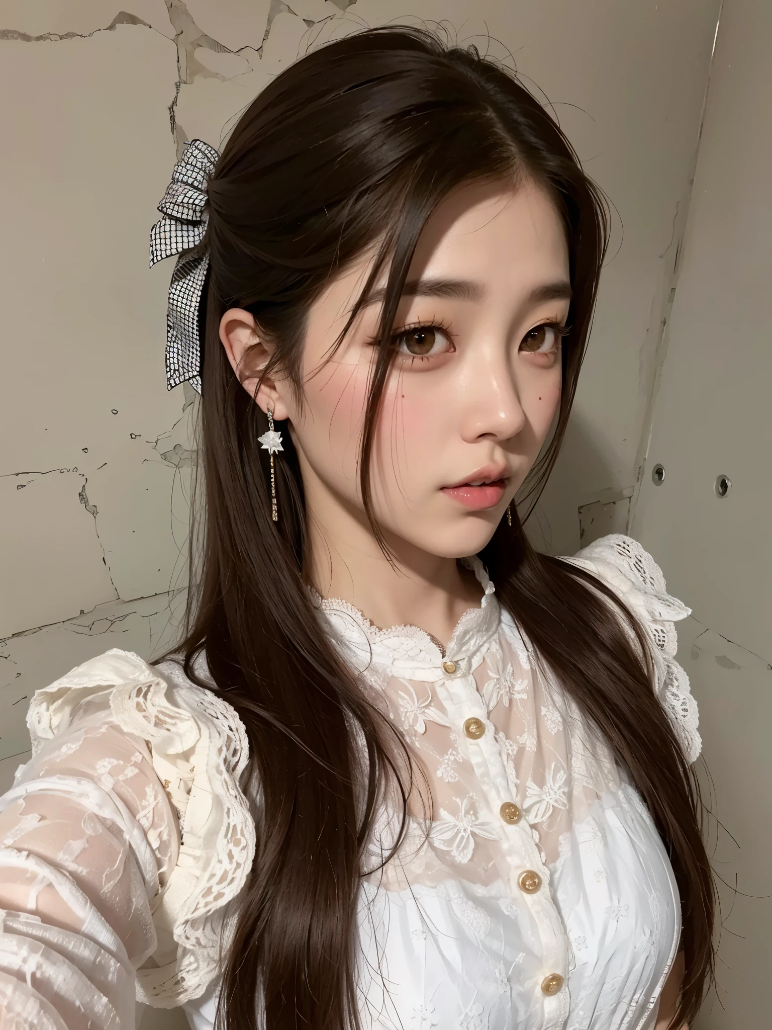 Japanese Beauty、Idol face　Long Black Hair　See-through bangs、Tear bags、Teardrop、Curly Hair、Double