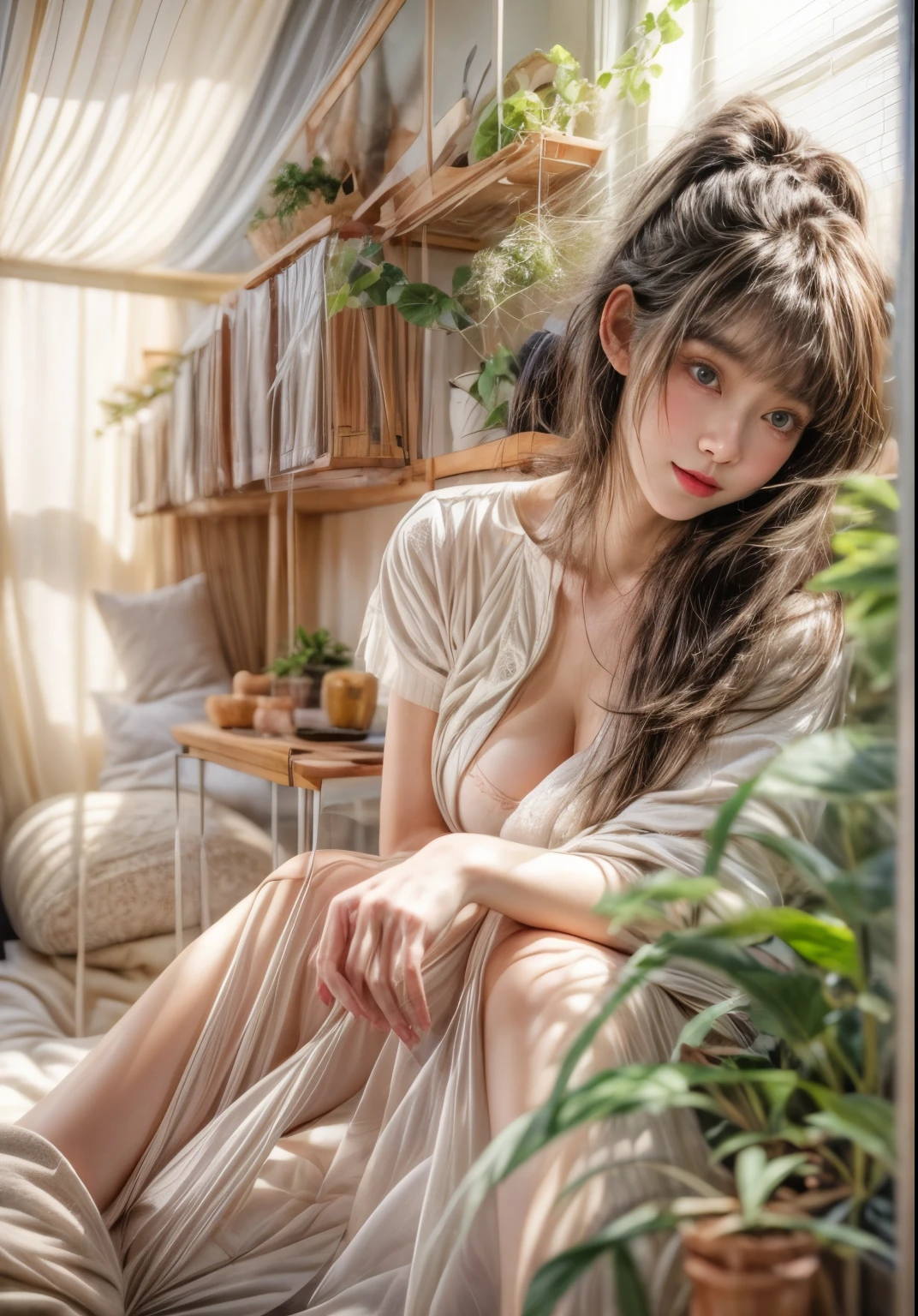 masterpiece、8K、At 32K、highest quality、(detailed eyes)、(cute japanese woman、bangs:1.3)、23 years old、1 girl、elegant、(underwear:1.1)、plant、(black hair)、beautiful feet