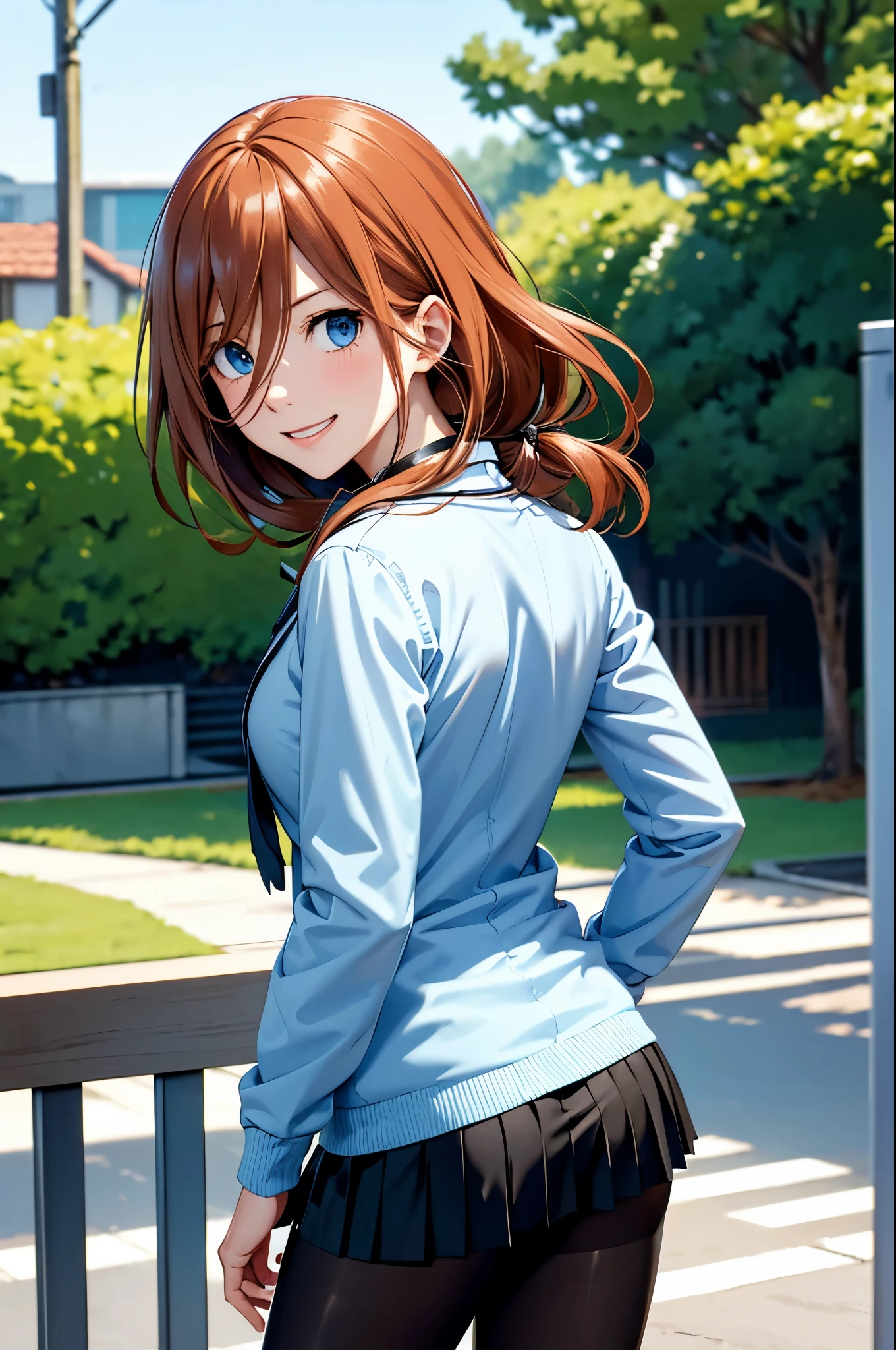 (masterpiece), best quality, expressive eyes, perfect face, highres, 1 girl, solo, miku nakano, long hair, bangs, blue eyes, brown hair, shirt, hair between eyes, headphones, cardigan, headphones around neck, skirt, shirt, long sleeves, white shirt, pantyhose, pleated skirt, black pantyhose, cardigan, green skirt, blue cardigan, outdoor, schoolyard, smiling, standing, from behind, butt, big butt, upper body portrait
