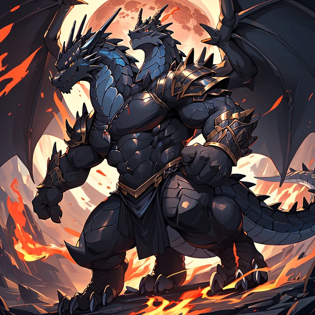 (The violent and powerful Black Dragon King，Wearing modern black and gold armor：100)，(Broad dragon body，majestic wingspan，Sharp dragon claws，thick dragon tail，The huge black dragon king，Huge dragon claws：2)，Strong build，(blue dragon flame：2)，blood moon，Mountull body picture，Very detailed，4K HD