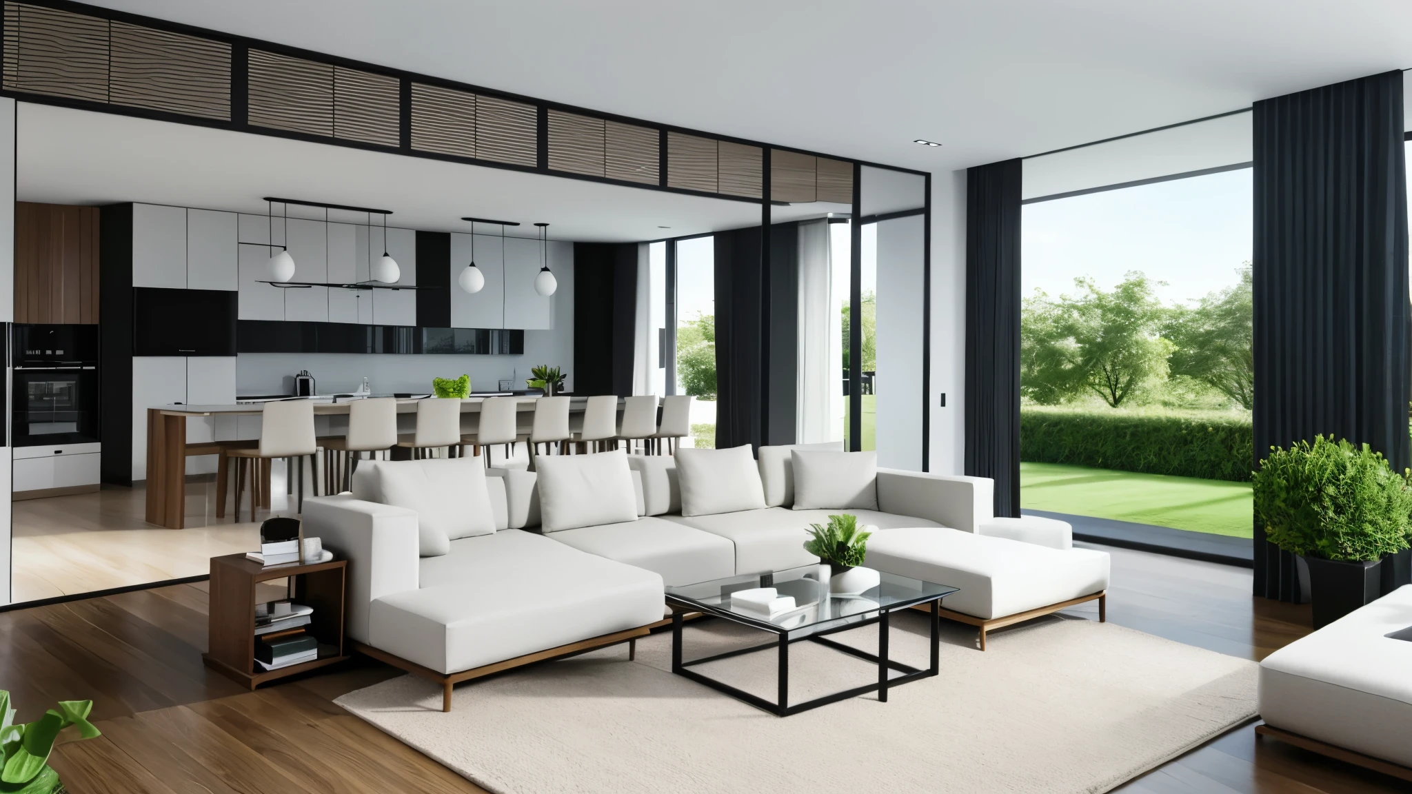 You are a famous interior designer、You have been asked to create a 3D image of a modern large room. Create a harmonious environment with modern and minimalist furniture. Including garden interior.
