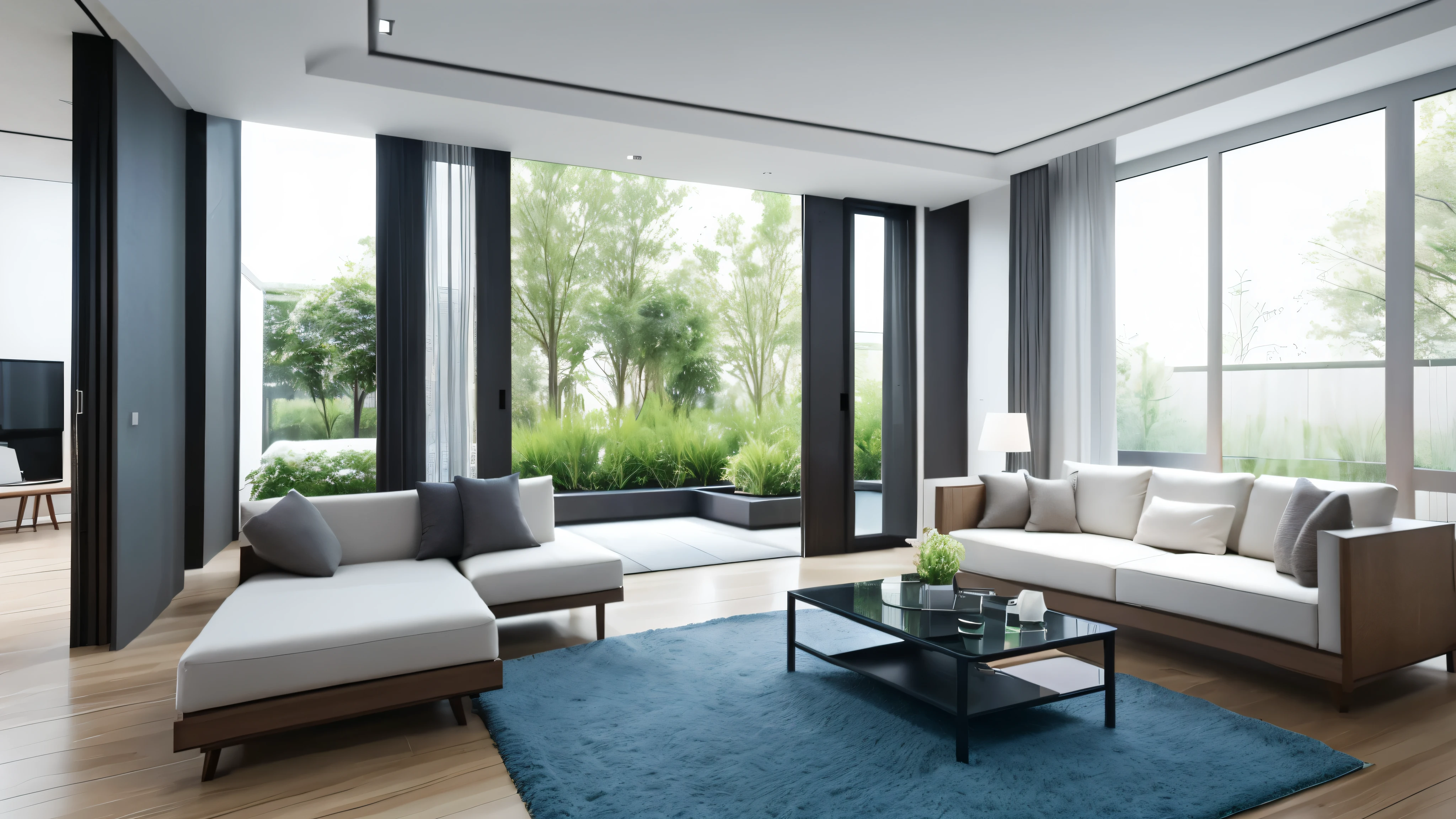 You are a famous interior designer、You have been asked to create a 3D image of a modern large room. Create a harmonious environment with modern and minimalist furniture. Including garden interior.