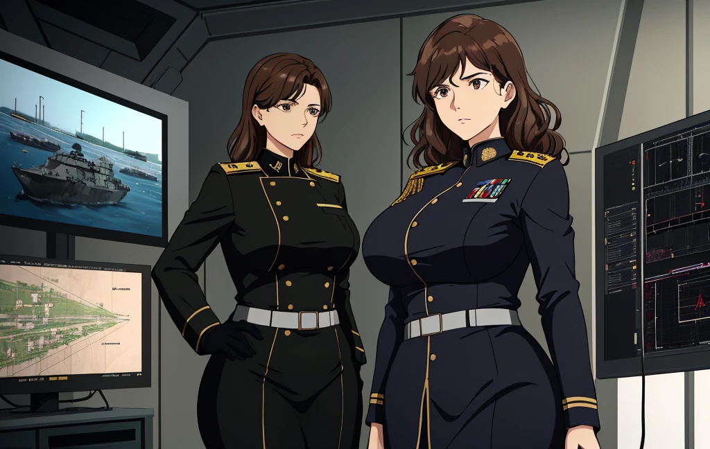 A mature woman with medium curly brown hair , perfect face, expressive black eyes, stands in the center of a control room, she has a serious expression on her face as great leader giving directions. She commands attention in her military uniform, which is all buttoned up, emphasizing her authoritative presence. The room is filled with the hum of machinery and the glow of monitors, creating a tense atmosphere. Despite the serious setting, her captivating figure, with a curvaceous 36DD cup size, adds a touch of femininity amidst the strict military environment. (sketchy artstyle:1.3), (muted colors:1.2), simplified shading, (saturated hues:1.2), (detailed background scenery:1.4), (inside:1.3)