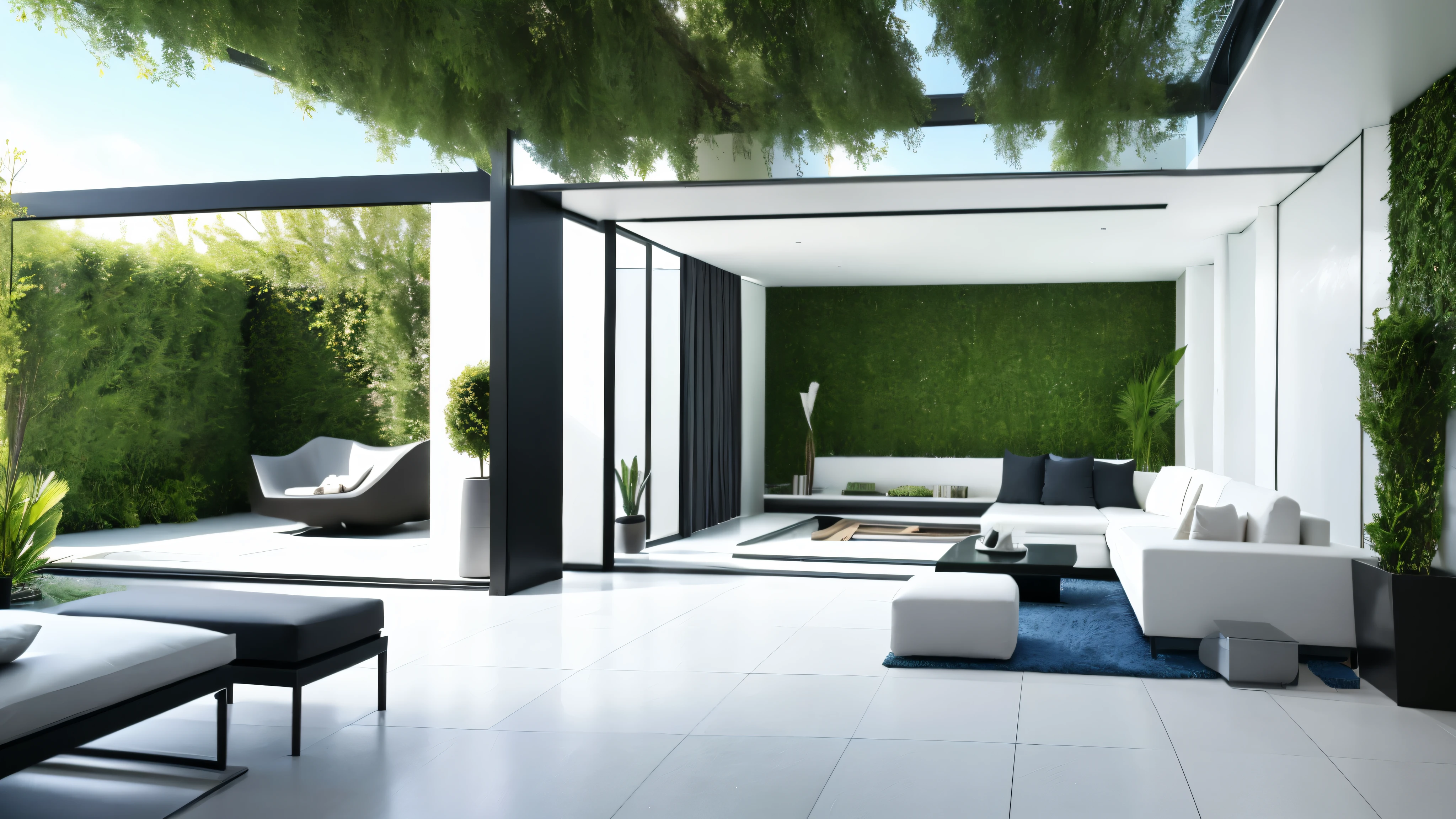 You are a famous interior designer、You have been asked to create a 3D image of a modern large room. Create a harmonious environment with modern and minimalist furniture. Including garden interior.