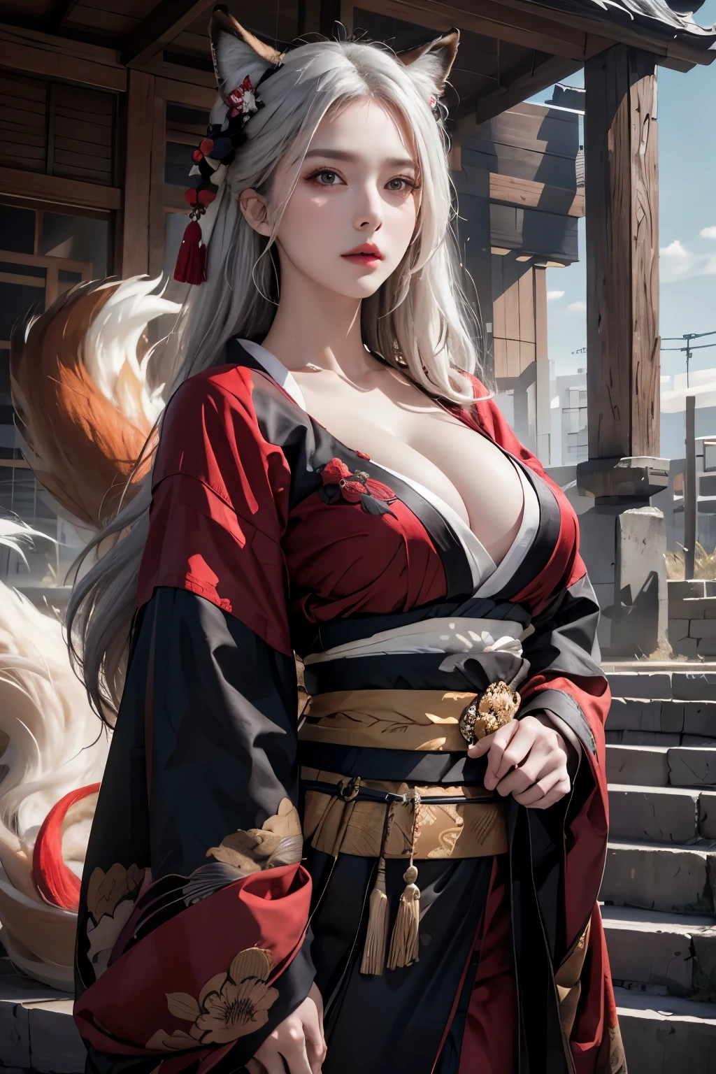 official art, unity 8k wallpaper, ultra detailed, beautiful and aesthetic, beautiful, masterpiece, best quality, dynamic angle, cowboyshot, the most beautiful form of chaos, elegant, a brutalist designed, vivid colours, romanticism, atmospheric, red and black kimono, kitsune , cleavage, fox