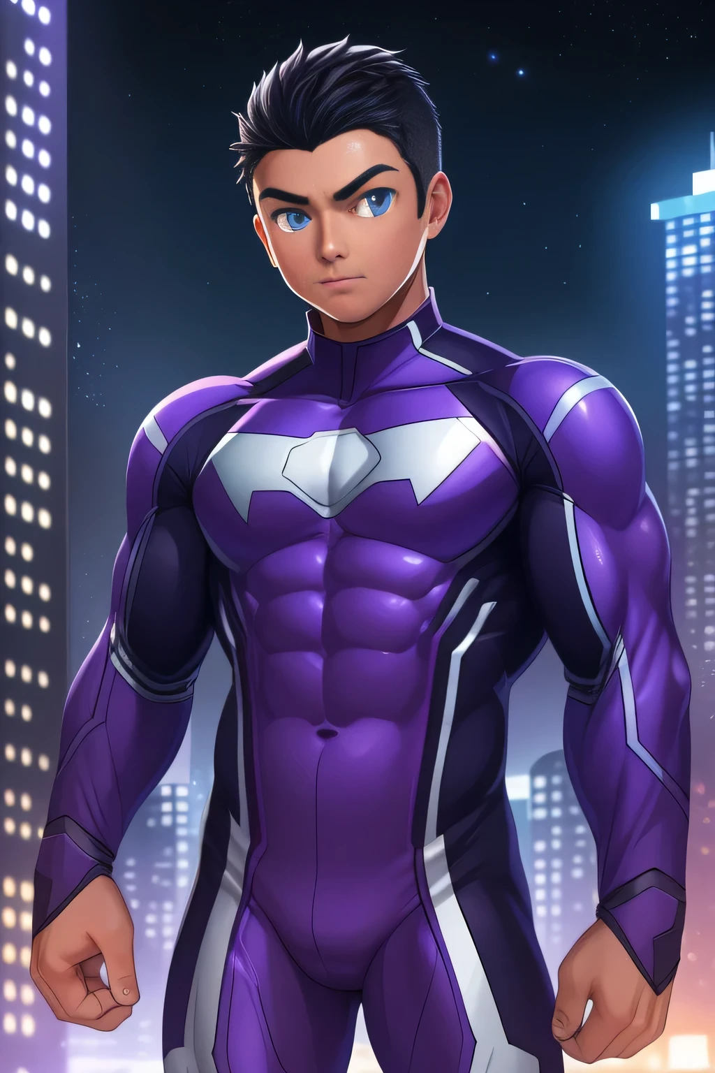 (((TAN SKIN, TANNED BOY)) boy, very attractive boy, mexican ethnicity. tan skin, jet black hair, almost completely shaved hair, young man, solo, jacked muscle, beautiful musculature, aesthetic striations, inspirational physique, lean muscle, square pecs, beautiful v-taper, great abs and torso, bright bodysuit, standing front, young superhero (young face) ready to fight, top rated pixiv, wears a Bodysuit, very tight bodysuit, chiseled abs, chiseled pecs, with his jet black military haircut and voluminous neck, almost completely shaved hair, narrow waist, superhero, white sclera, blue eyes, no horns, brave superhero, human, handsome face, young. City background, skyscraper, futuristic city, night, stars, night lights, skill image, looking to the viewer, hero whose presence inspires trust and respect. (((His hero suit is black and purple.)))