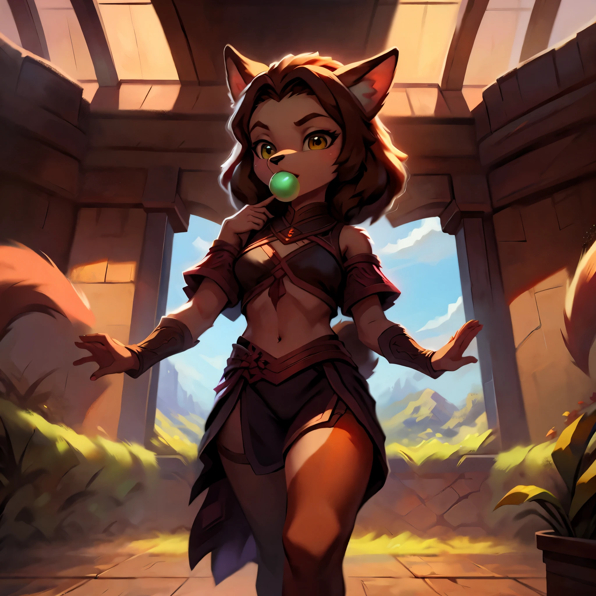 A clever, vicious, green goblin (big eyes, long ear hair, tattered mystic robe, wielding a pickaxe) lots of mystic pouches, quickly sneaking around a cavern