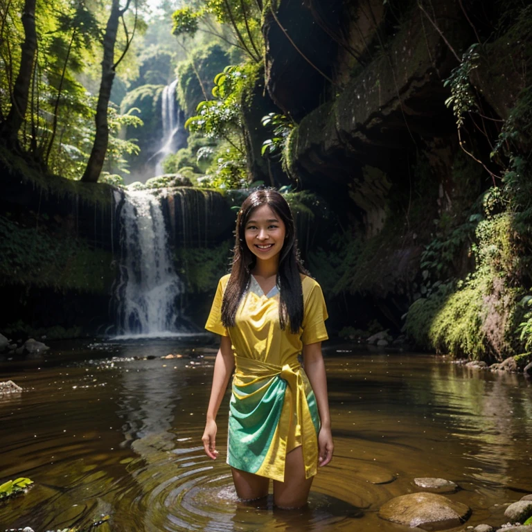 photorealistic,Full wide angle view,A young Thai woman with a beautiful smiling face, wearing a multi-colored Thai dress, stands in a stream flowing from a waterfall. Atmosphere in the green forest The most realistic picture The sun shines down rim light 4K