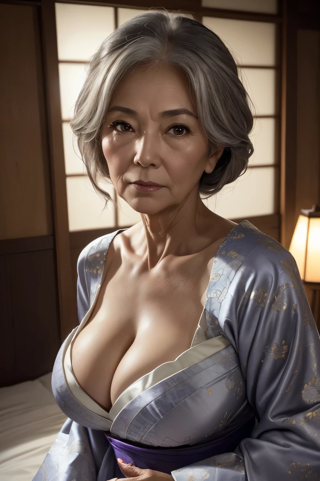 65 years old,(A MILF:1.2), a captivating gaze,long old gray hair,Brown eyes, (A lot of wrinkles on her face:1.4), (There are many wrinkles on her chest1.4),Old Woman, Detailed wrinkles (8K, High resolution,ultra-quality, An ultra-high picture quality,Ultrarealistic,Best Quality,masuter piece:1.2)(breasts are large,Large cleavage:1.1) ,(Old Woman in Japan) , beautyfull wedding dress,eyes visible through hair, Proper eye position,Cinematic Light,Soft light,lower back,Night time,Soft moonlight,detailed color graded background,Convoluted, ighly detailed,8K,Overall silhouette,Bedrooms,Looking down
