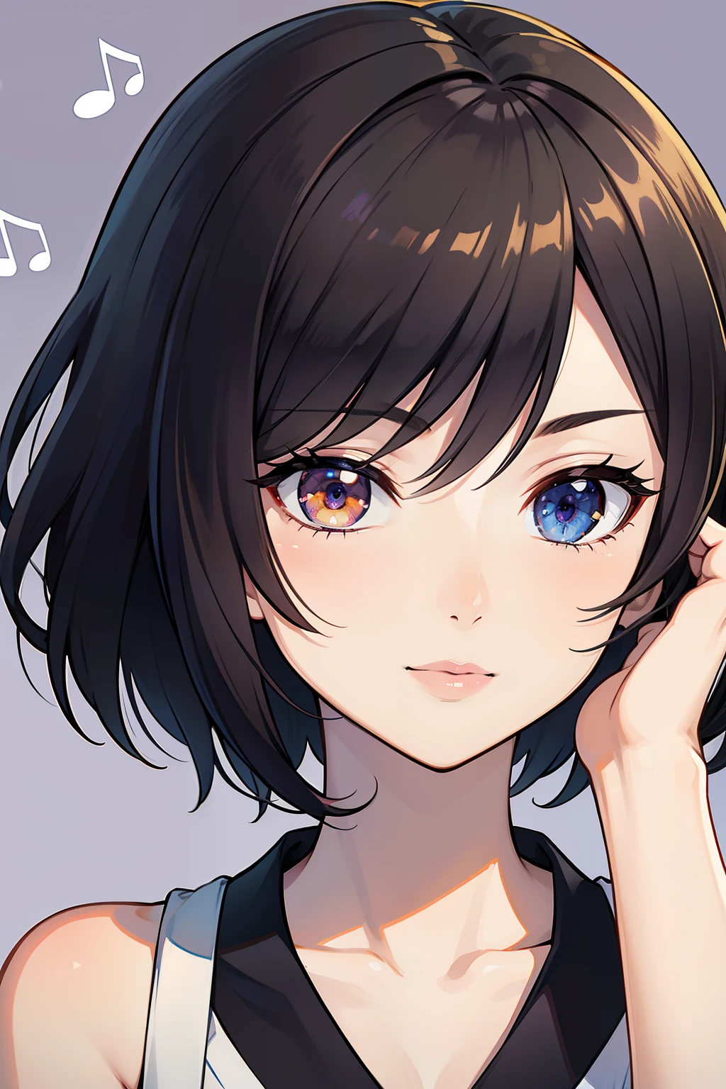 (high-quality, breathtaking),(expressive eyes, perfect face) 1female, girl , solo, teenager, asian woman hairstyle, short hair length, soft wave, black hair color, Heterochromia left eye blue and right eye purple, blue and purple background, music, gentle smile, swirls in background, music notes background, beautiful background, clothes similar to Yuri Kozukata Fatal Frame
