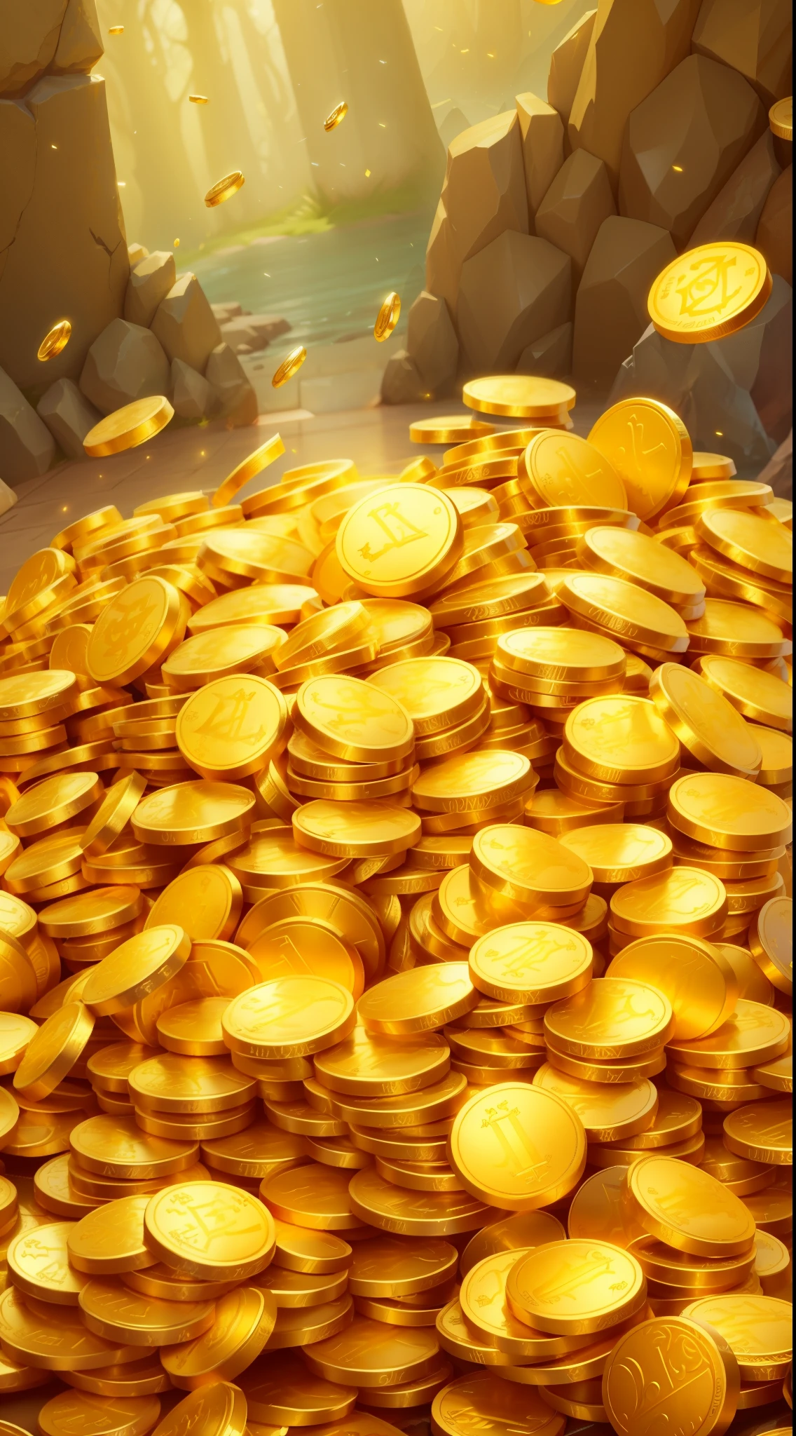 The whole screen  filled with gold coins, There are many gold coins, Fantasy Card Game Art, (Unreal Engine, 史诗Fantasy Card Game Art, Astrid Lone, trading card art, gold and treasure, epic Fantasy Card Game Art, complete art, HD