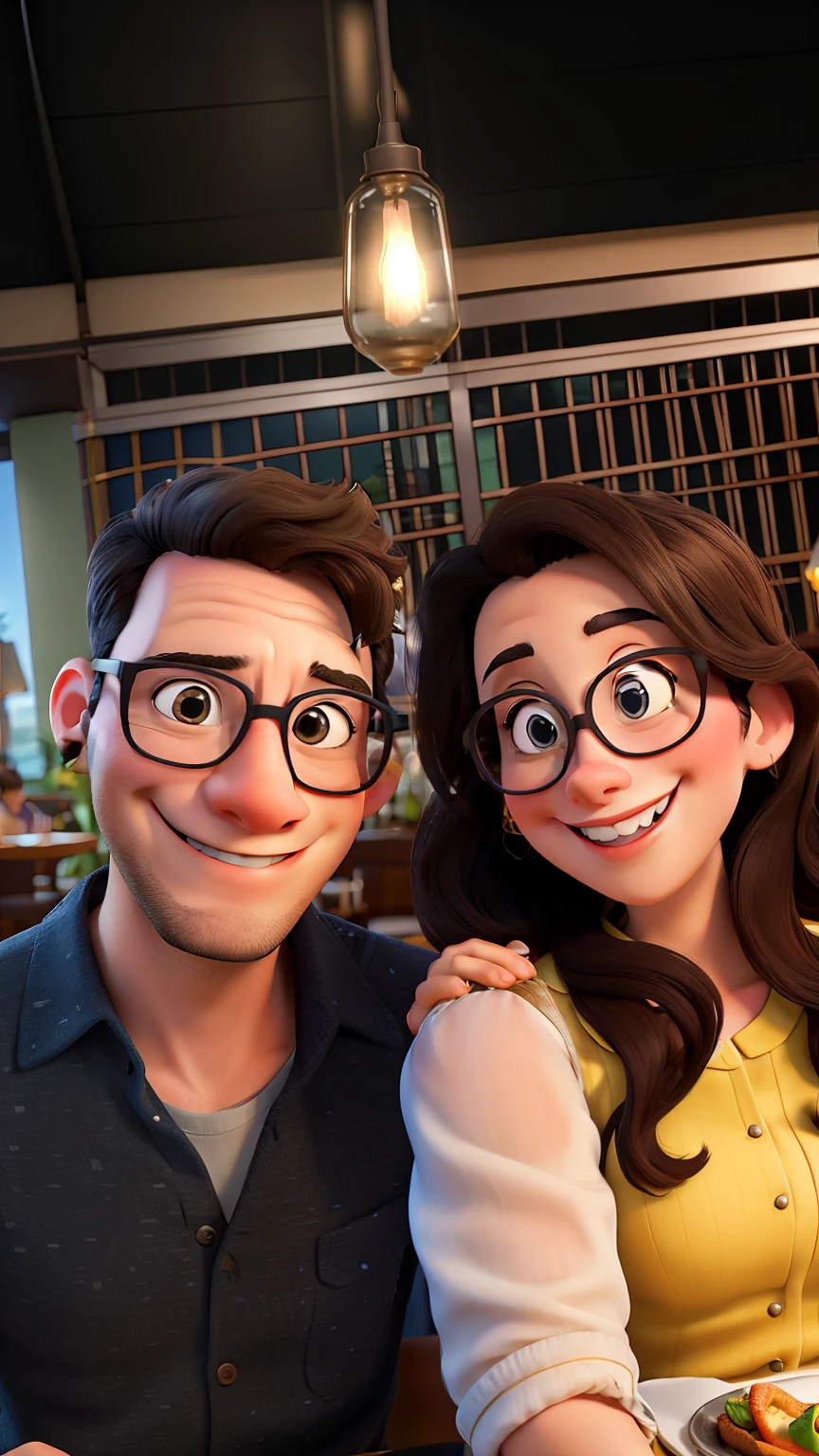 Disney Style Couple With Glasses Smiling In Restaurant.