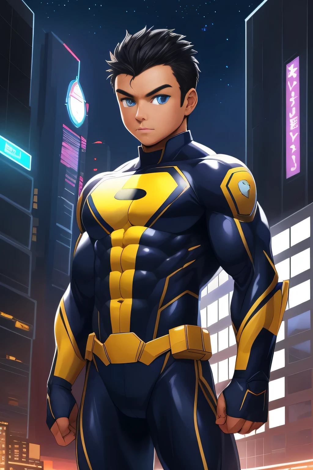 (((TAN SKIN, TANNED BOY)) boy, very attractive boy, mexican ethnicity. tan skin, jet black hair, almost completely shaved hair, young man, solo, jacked muscle, beautiful musculature, aesthetic striations, inspirational physique, lean muscle, square pecs, beautiful v-taper, great abs and torso, bright bodysuit, standing front, young superhero (young face) ready to fight, top rated pixiv, wears a Bodysuit, very tight bodysuit, chiseled abs, chiseled pecs, with his jet black military haircut and voluminous neck, almost completely shaved hair, narrow waist, superhero, white sclera, blue eyes, no horns, brave superhero, human, handsome face, young. City background, skyscraper, futuristic city, night, stars, night lights, skill image, looking to the viewer, hero whose presence inspires trust and respect. (((His hero suit is black and golden.)))