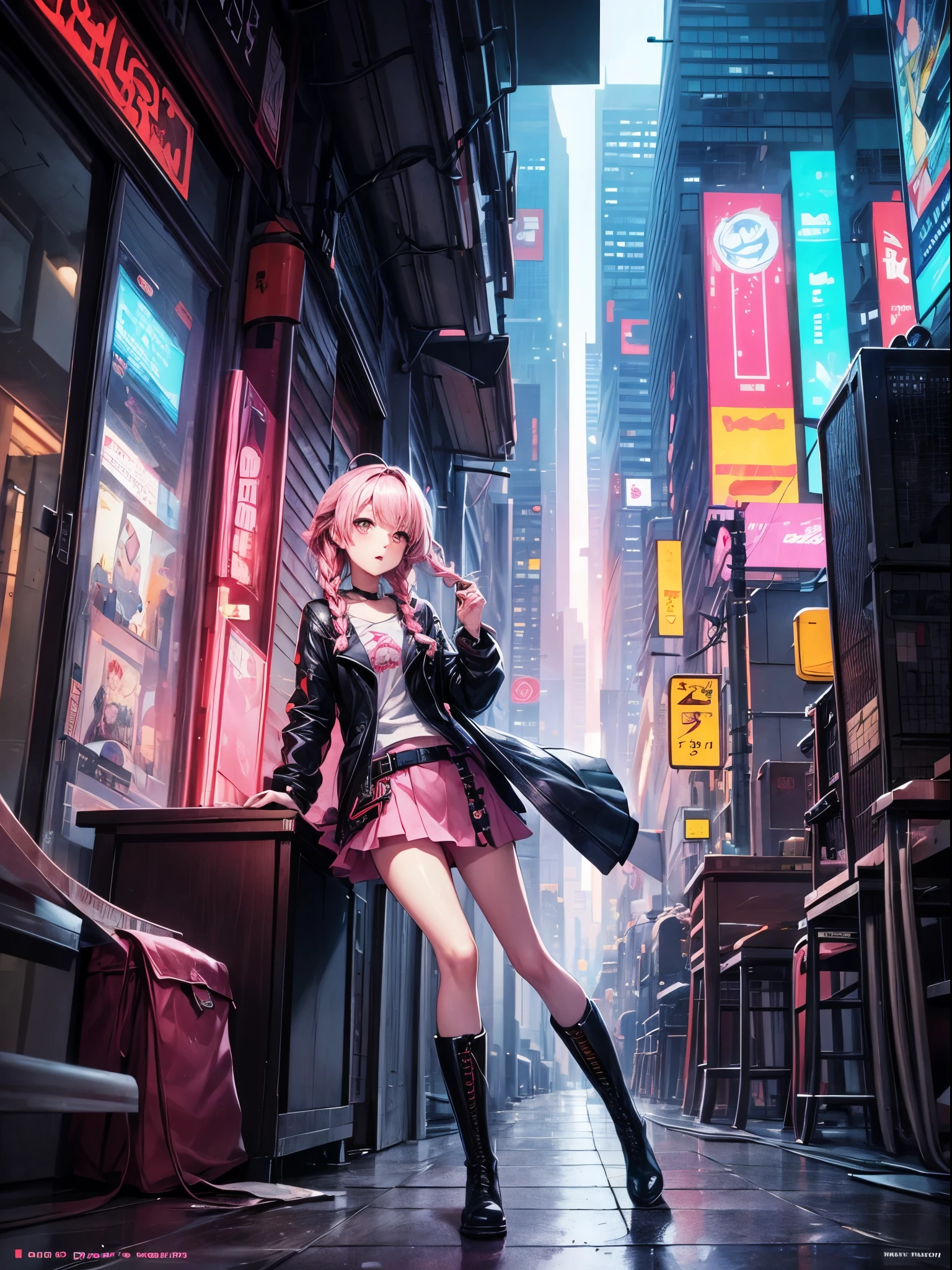 high resolution, best quality, muste piece, very high image quality, Super detailed, anime,illustration,, illustration, fantasy, Hard Rock Girl, Very beautiful cute, Pink wavy hair, side braids, mini skirt, knee high socks, Engineer Boots, Background Cyberpunk City Galaxy  