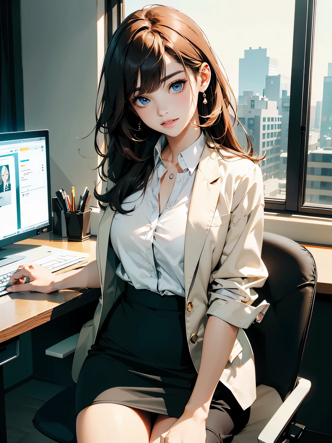 masterpiece、high resolution 8k、NSFW、sharp focus、contrast lighting、fine skin、muste piece、 highest quality、Ultra - High resolution、Super high resolution、Highly detailed CG、stock exchange、Large office room、Large number of large monitors、Computer on desk、trading、document、stock、Chart screen、Horizontal focus male OL、Woman sitting on chair、beautiful eyes、(Detailed face and iace:1 2)、narrow eyes、almond eye、Black pupil、eye gradation eye highlight:1.2)、(Light red-brown hair、middle、asymmetrical bangs)、(ID card、Blazer for office wear shortage、white cutter shirt、black pencil skirt、pumps)、(plump lips、gross、glossy lips、Small breast size) 、(oval face : 1.4)、(thin fingers、fine arms、detailed human hand)、laughter half open、teeth visible
