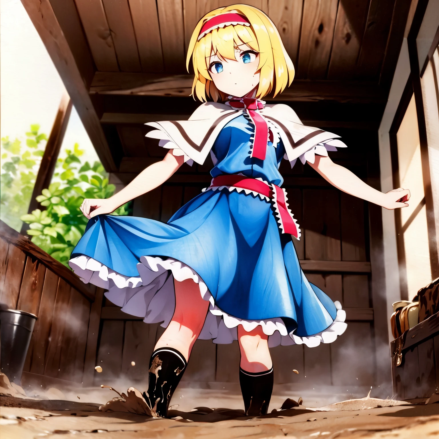 touhou,(alice margatroid:1.4),1girl,solo,blonde hair, blue eyes, capelet,dress,sash, bow, hair bow, short hair, blue dress,(muddy white kneehighs:1.4),loafers,(muddy clothes:1.4),(brown clothes:1.4), on mud, brown background, mud ground, standing,(traditional media:1.5),(from below,front view:1.4)