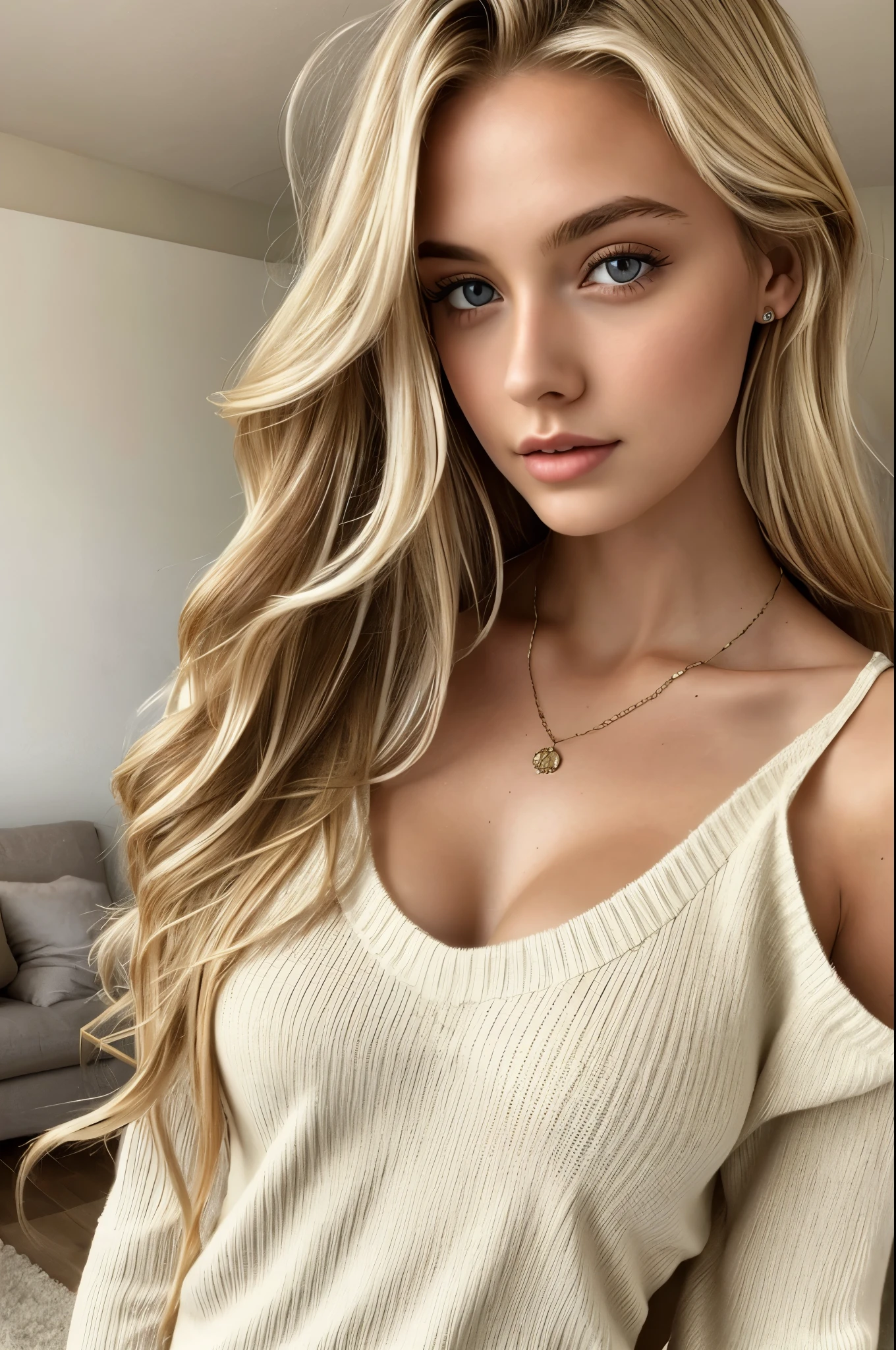 1girl in, age19, Solo, Long hair, Colossal tits, Looking at Viewer, blondehair, Bare shoulders, Brown eyes, jewely, Full body, a necklace, off shoulders, Sweaters, Realistic, A sexy