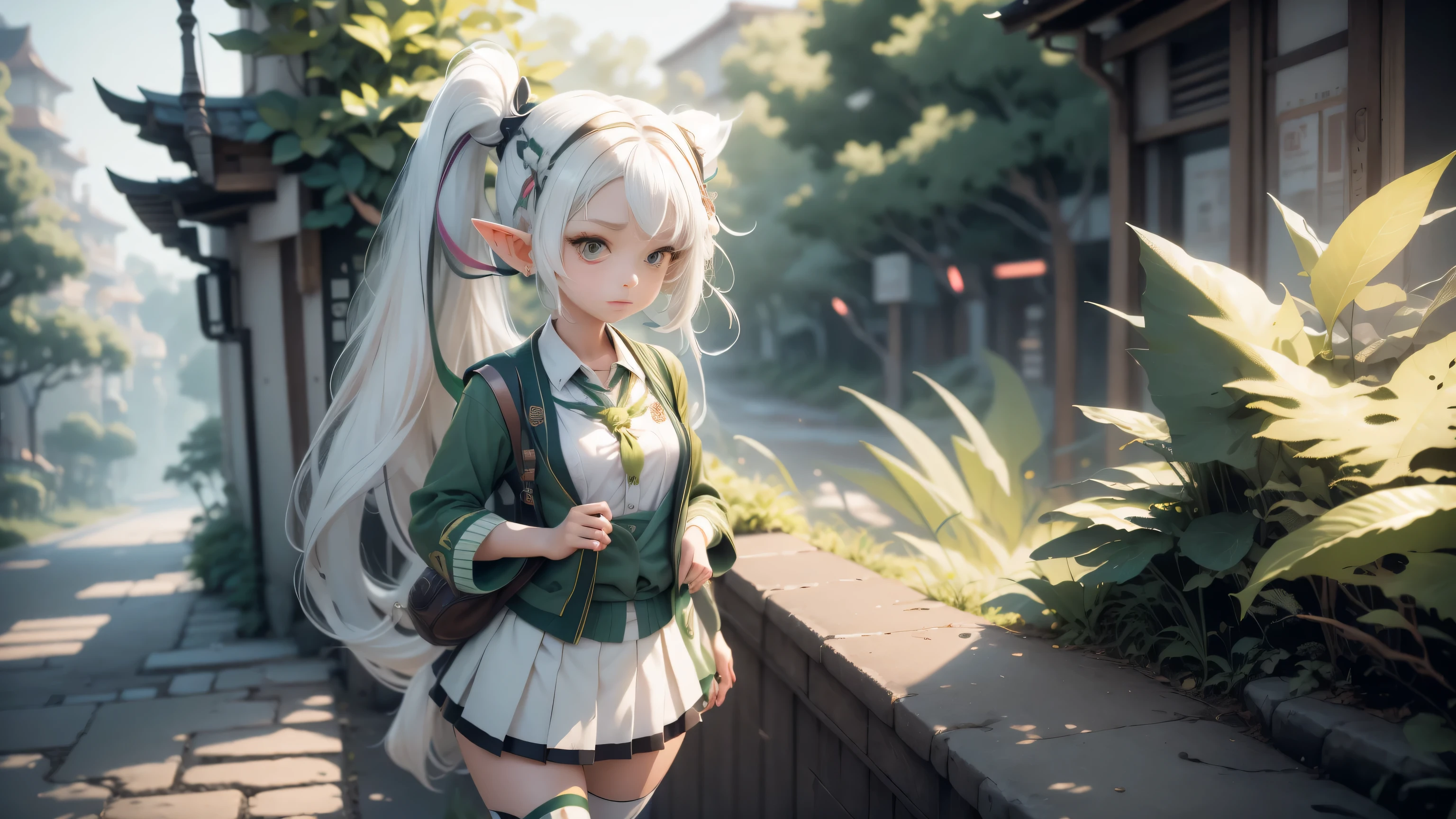 masterpiece , best quality,nahida(genshin impact) ,1girl , small breast,long hair ,side ponytail, hair ornament , white hair , green hair , hand behind head:1.5,multicolored hair, elf , pointy ears , school uniform , skirt ,cardigan,road , street,looking at the viewers
