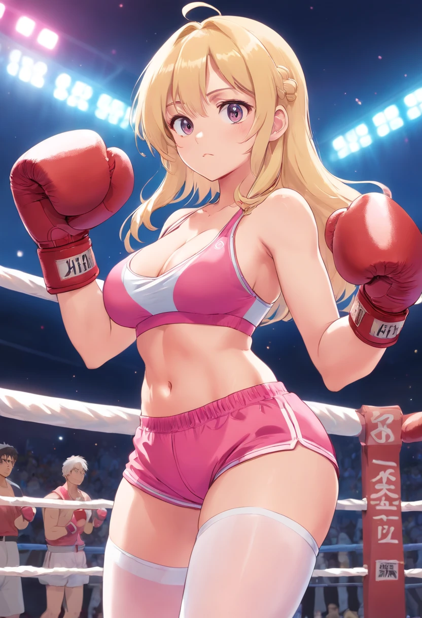 Anime illustration, woman, Big breasts, blonde hair, arrogant, born, in a pink sports bra, in pink sports tight shorts, in white stockings, in pink boxing gloves slightly stained with blood, stands in the boxing ring in a winning pose