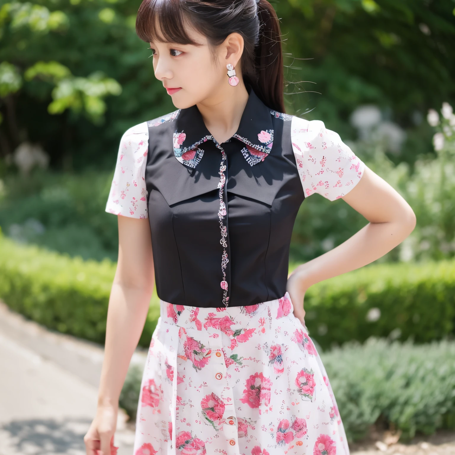 "acmm ss outfit, wearing acmm top, black acmm top, short sleeves, buttons, wearing acmm long skirt, white and pink with printed acmm long skirt, 1 Girl, walking"