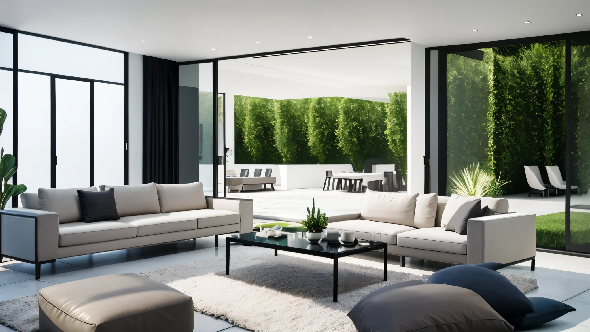 You are a famous interior designer、You have been asked to create a 3D image of a modern large room. Create a harmonious environment with modern and minimalist furniture. Including garden interior.
