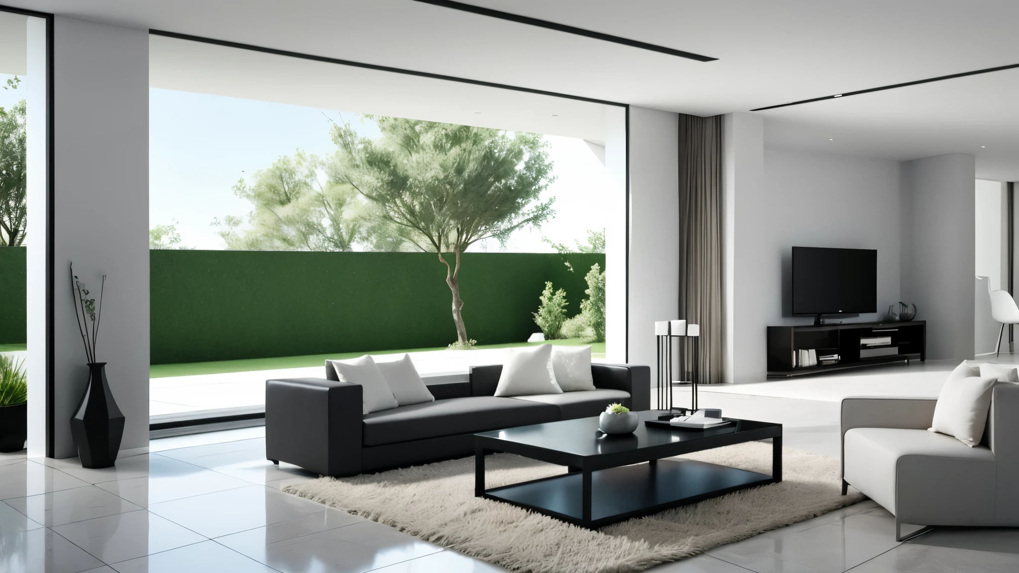 You are a famous interior designer、You have been asked to create a 3D image of a modern large room. Create a harmonious environment with modern and minimalist furniture. Including garden interior.
