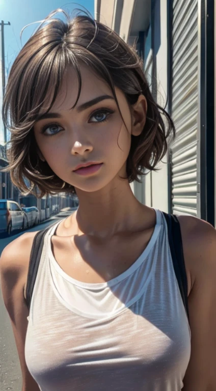(Ultra High Definition), (ultra high-resolution), (nitidez total), (maximum quality), (cinemactic), (8k), (homeless girl), (alone), ((corpo inteiro)), (Face Ultra Detalhada), (olhos ultra detalhados), (Olhos realistas), ((esguio)), (delicate hands), (Hands ultra detailed), (natural lightting), ((Front view)), ((Seios muito pequenos)), (natural texture pellet), (totalmente realista), ((repetir sempre o mesmo rosto)), (vestindo short e camiseta), ((looking at the camera)),
