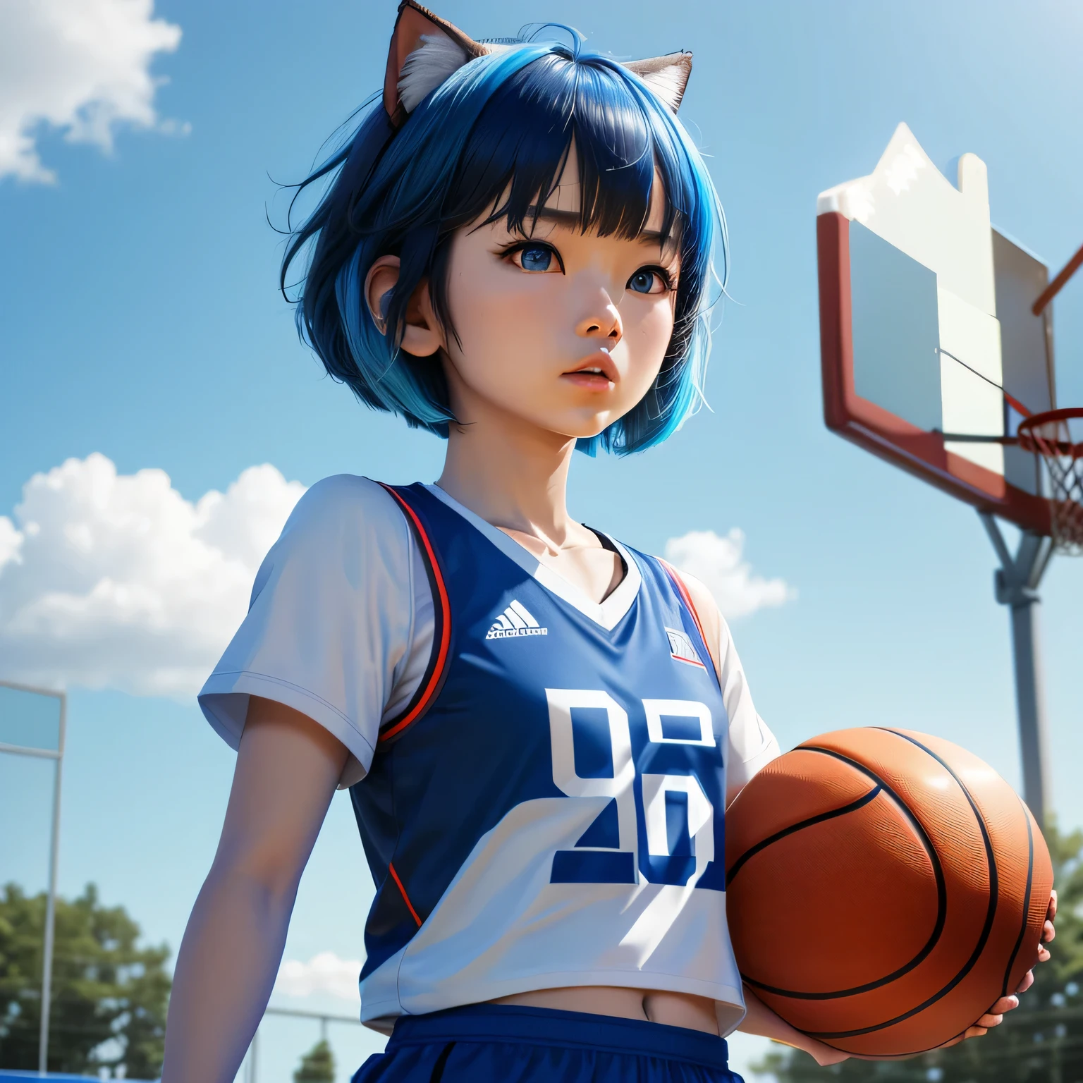 (8k, HDR, RAW photo, best quality, masterpiece:1.2, realistic lighting), medium shot view, korean girl, solo, serious face, wearing blue basketball shirt, blue skirt, (bob cuts hair), ((sky blue hair)), (messy hair), path traced hair, (sky blue cat ears), ((sky blue eyes)), beauty eyes, (thin face), (flat chest), (small breasts), (basketball court:1.3), playing basketball, look up, upper body.