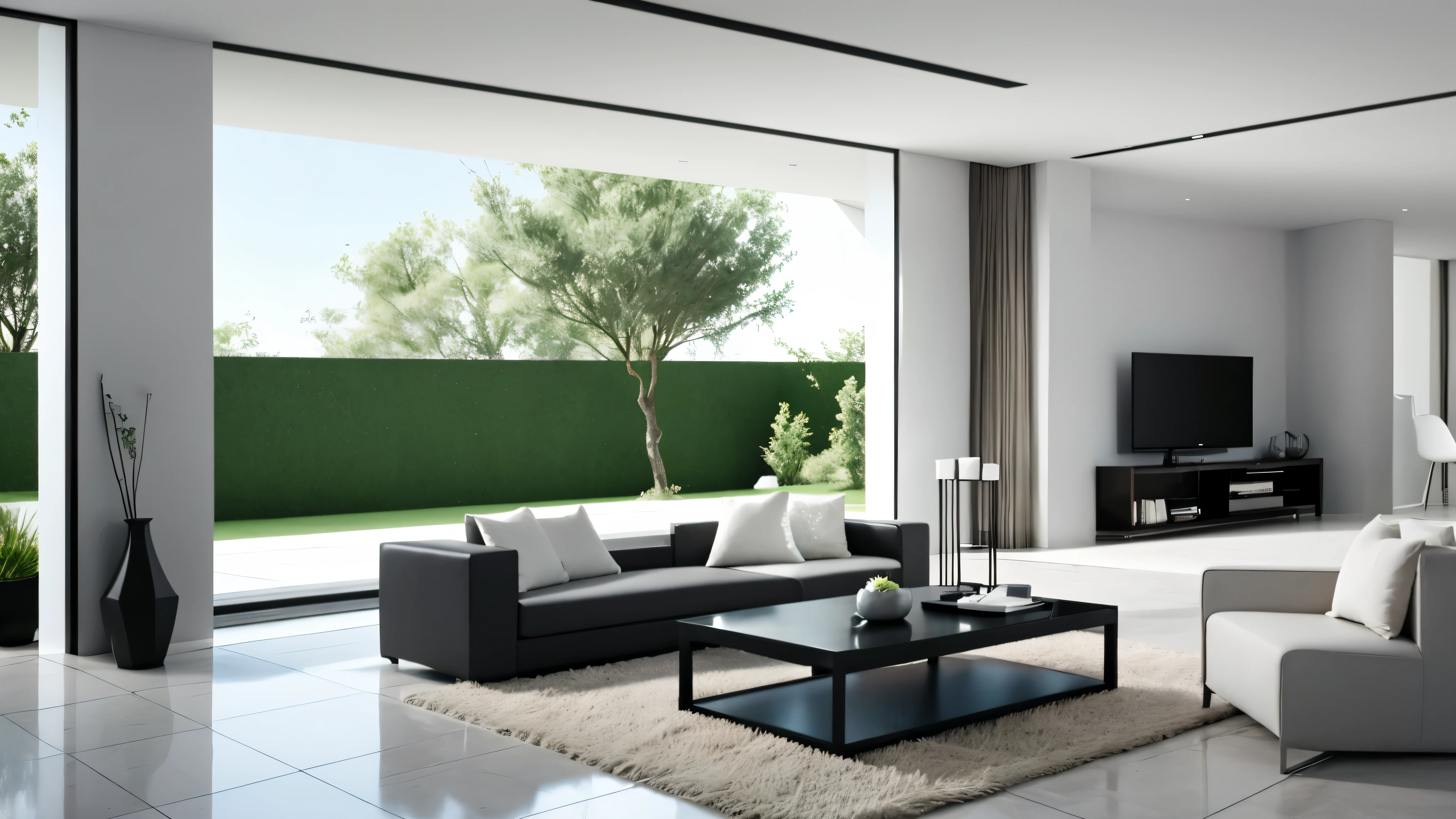 You are a famous interior designer、You have been asked to create a 3D image of a modern large room. Create a harmonious environment with modern and minimalist furniture. Including garden interior.