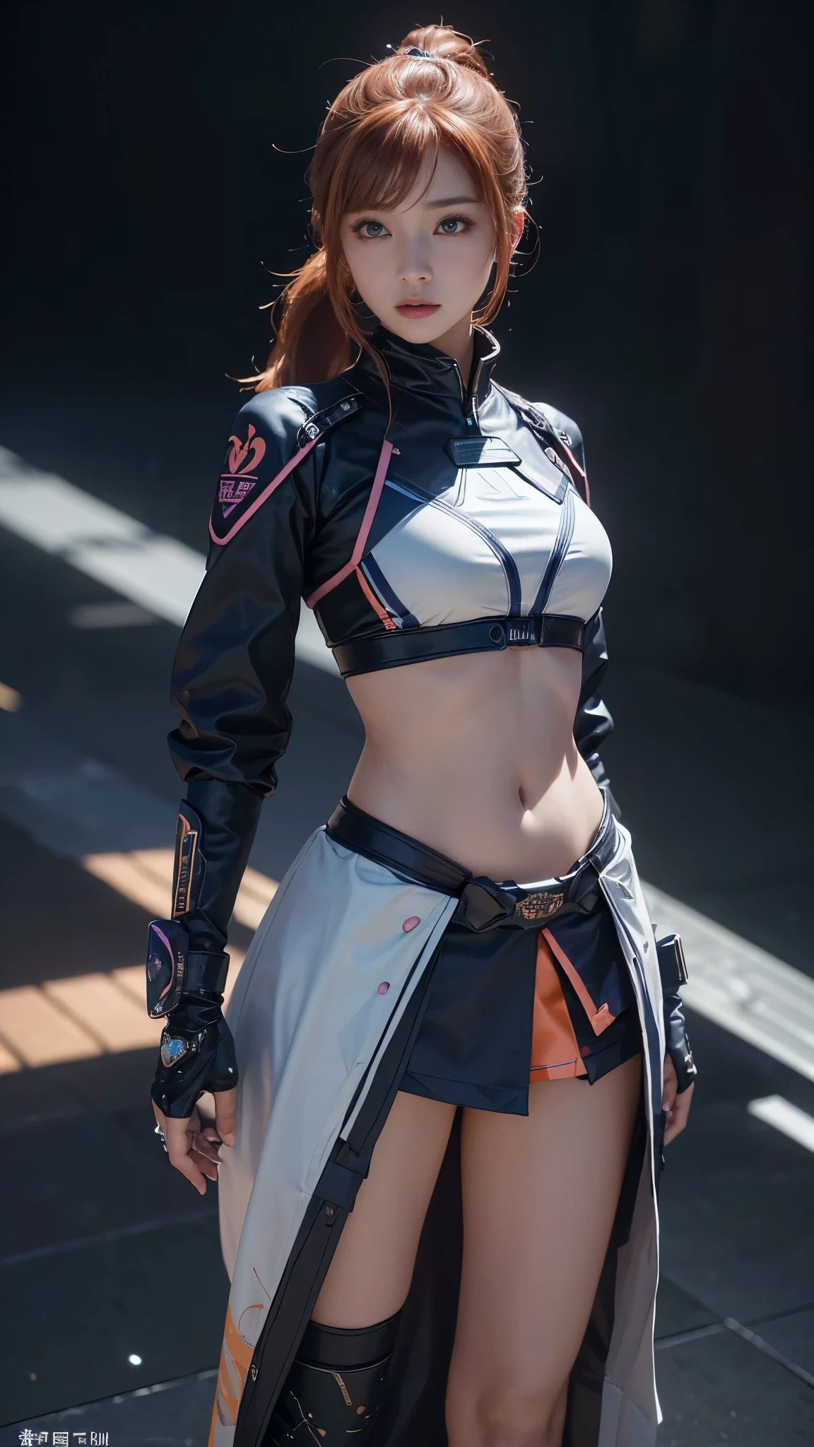 （Front Focus），大卫·霍克尼和阿尔方斯·穆夏的overtake现实女性肖像，((overtake))、((upper body))、kosmos、spaceshipirai、(exposed)、((Wearing futuristic clothing))、Fantasyart， ((Orange pink brown hair、ponytail))、((Navy blue and white futuristic clothing))、Wearing futuristic clothing、((japanese schoolgirl、((Near-future clothing with less fabric))、Realistic，dynamic lighting，art station，poster，Volumetric light，Extra detailed face，4 k''，(())、futuristic clothes beautifully embroidered，diamond、impression，thigh，Decorated with exquisite near-future clothing and fine jewelry，exposed belly，1 breast female，in the dark，deep shadow，low profile，cowboy shooting，（official clothing：1.4），Confused eyes，legs apart