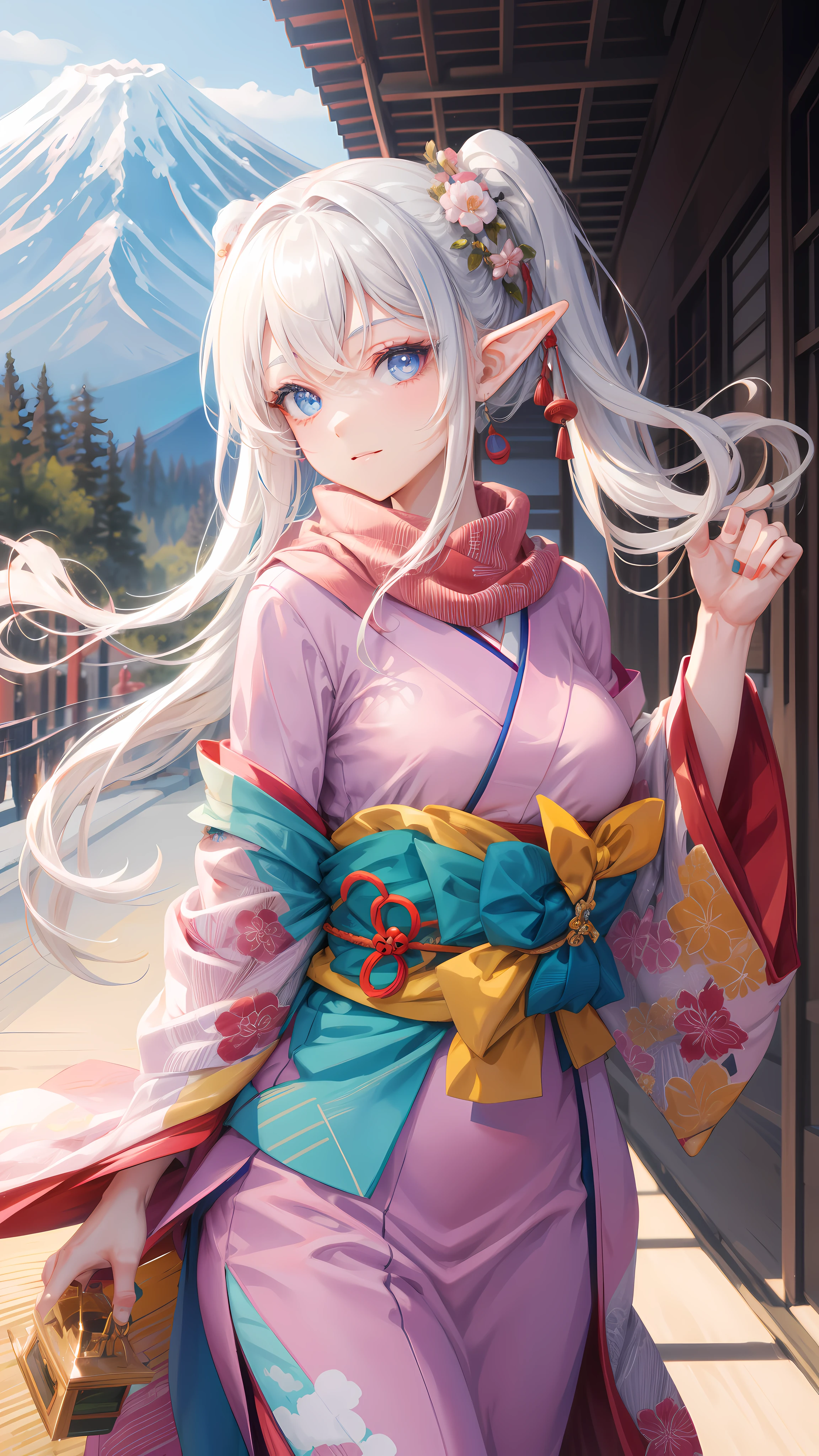 ((masterpiece )), (top quality), (best quality), ((ultra-detailed, 8k quality)), Aesthetics, Cinematic lighting, (detailed line art),
BREAK,
highly detailed of (elf), (1girl), perfect face, details eye, double pigtails hair, Blunt bangs, (hair between eye), blonde white hair, blue eyes, eyelashes, eyeshadow, pink eyeshadow, light smile, design art by Artgerm, by Kawacy, By Yoshitaka Amano,
BREAK,
(scarf), ring, cute kimono, Han'eri, Haori, (geta), cowboy shot, dynamic angle, looking at viewer, showing her hand out, Winter Creek, Japanese architecture, midday, torii, (Mt. Fuji BACKGROUND:1.2), HEXAGON, three-dimensional effect, amano yoshitaka,
BREAK,
((perfect anatomy)), nice body, medium breast, extremely detailed finger, best hands, perfect face, beautiful face, beautiful eyes, perfect eyes, perfect fingers, correct anatomy,