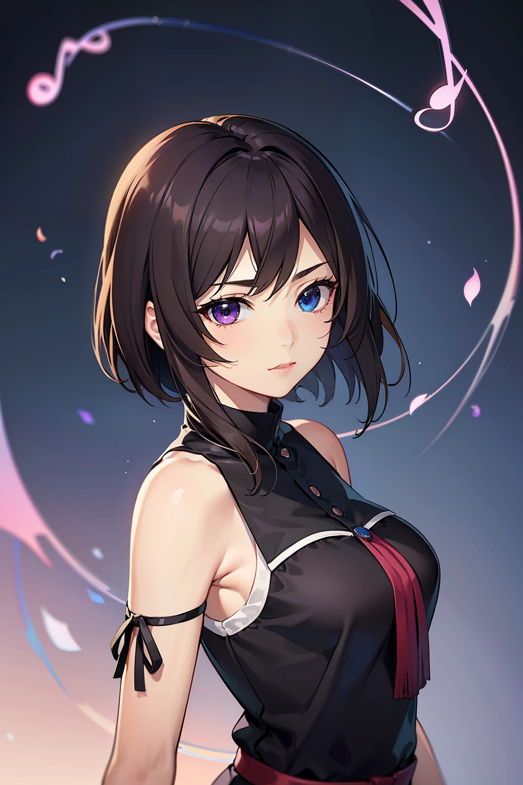 (high-quality, breathtaking),(expressive eyes, perfect face) 1female, girl , solo, teenager, asian woman hairstyle, short hair length, soft wave, black hair color, Heterochromia left eye blue and right eye purple, blue and purple background, music, gentle smile, swirls in background, music notes background, beautiful background, clothes similar to Yuri Kozukata Fatal Frame
