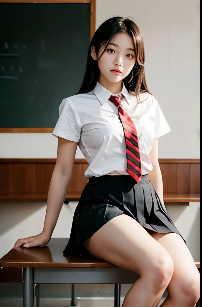 female high school student，big，upper body、Red tie、Black pleated skirt，sitting at classroom table，legs open，Strike a sexy pose。 Full frontal photo，Obvious muscle lines，hazy eyes，graceful posture。 Rich in details，HD，Realistic photography，Delicate warm light，photo style。