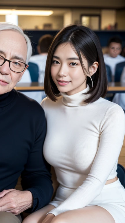 1 office lady and 1 sitting old man,close to each other, (his arm is touching her chest:1.1),very cute face, bob hair, white thin fabric turtleneck, headset,court,perfect anatomy, masterpiece, highest quality, perfect face,From before,upper body