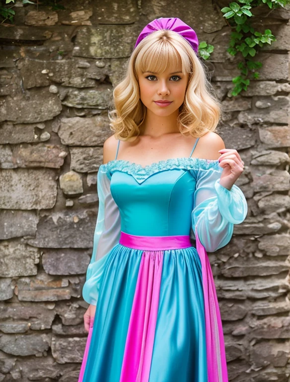 Realistic portrayal:1.2, photorealistic, deliberate, 4k, Clover from Totally Spies! Blonde Shoulder Length Wavy Hair With Bangs, light blue eyes and medium toned wearing a pink medieval gown with a square neckline and long, flowing sleeves. The gown has a purple bodice and a pink and purple striped skirt. She also wears a purple headband and purple boots.